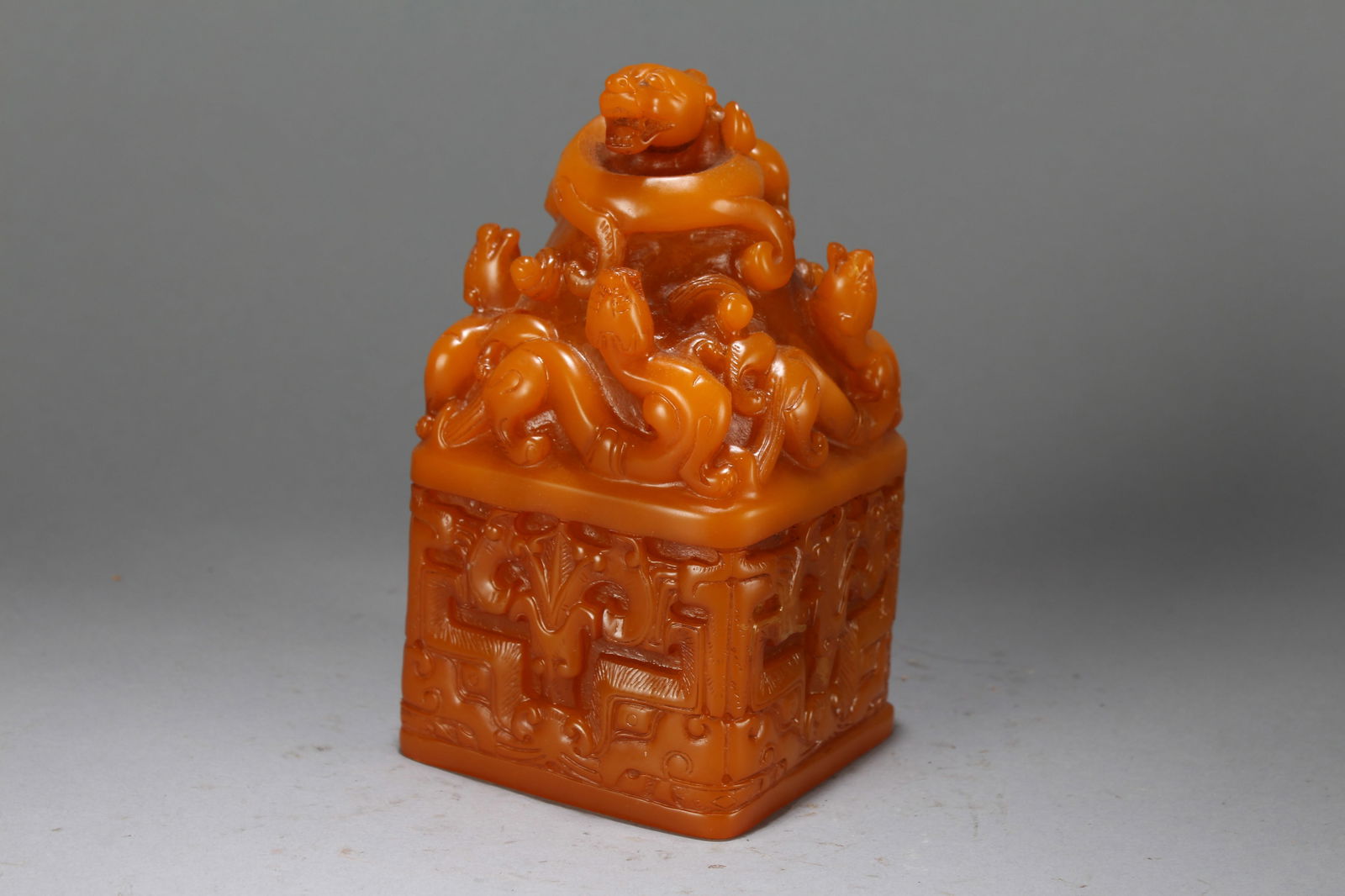 A Chinese Square-based Fortune Soapstone Seal: A Chinese Square-based Fortune Soapstone Seal. Height: 6.25 (inch). Length: 3.5 (inch). Width: 3.5 (inch).