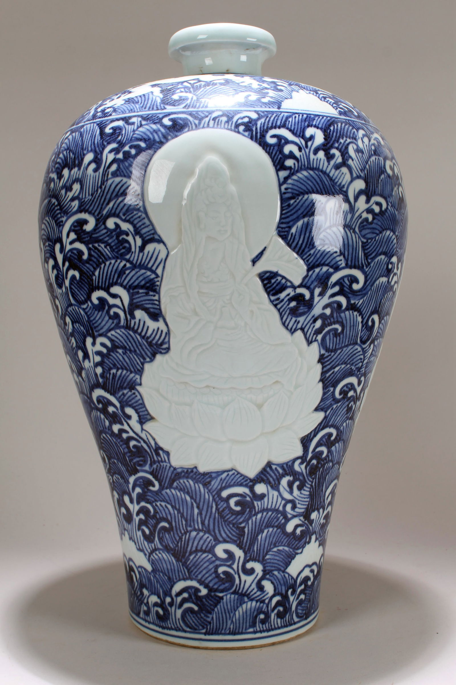 A Chinese Buddha-portrait Blue and White Porcelain Vase: A Chinese Buddha-portrait Blue and White Porcelain Vase . Height: 17.5 (inch).