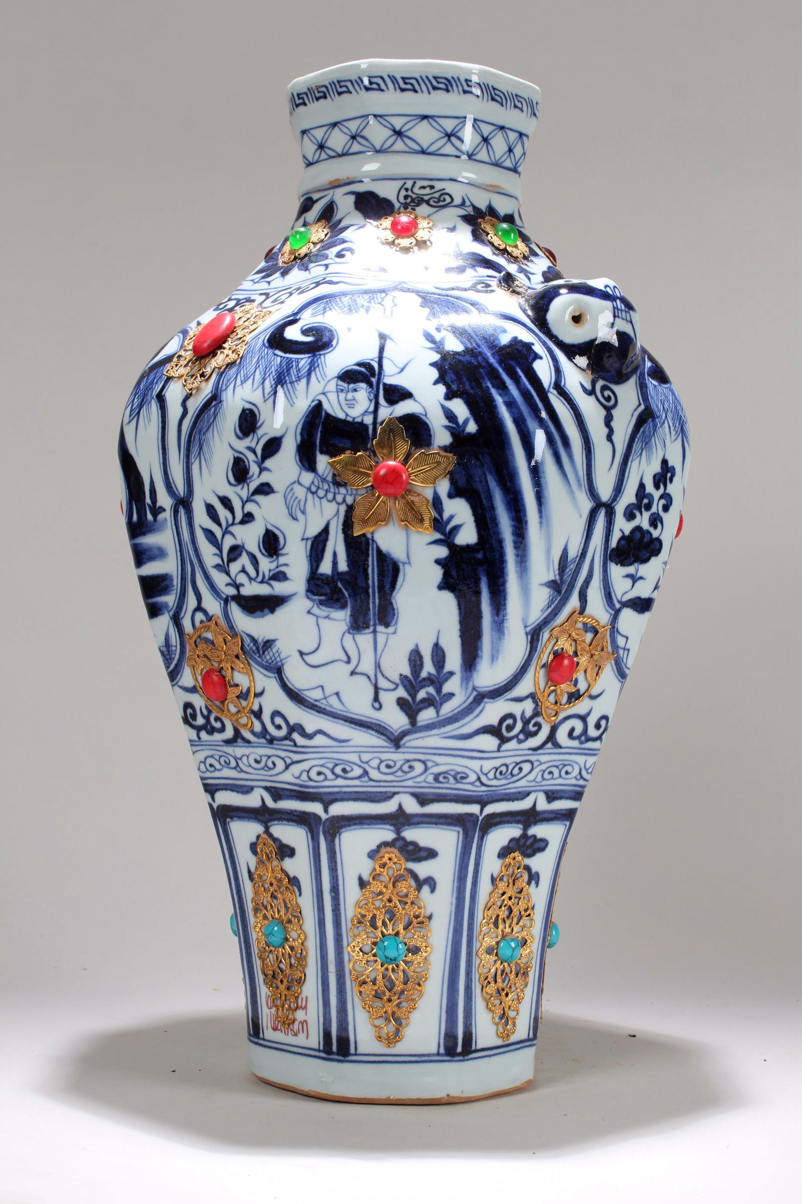 A Chinese Duo-handled Window-framing Blue and White Porcelain Vase: A Chinese Duo-handled Window-framing Blue and White Porcelain Vase . Height: 17.5 (inch).
