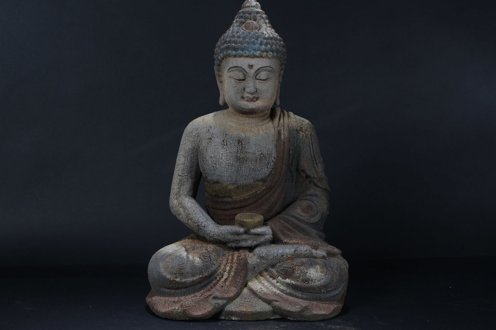 A Chinese Religious Pondering-pose Wooden Buddha Statue: A Chinese Religious Pondering-pose Wooden Buddha Statue. Height: 14.25 (inch). Width: 9 (inch).