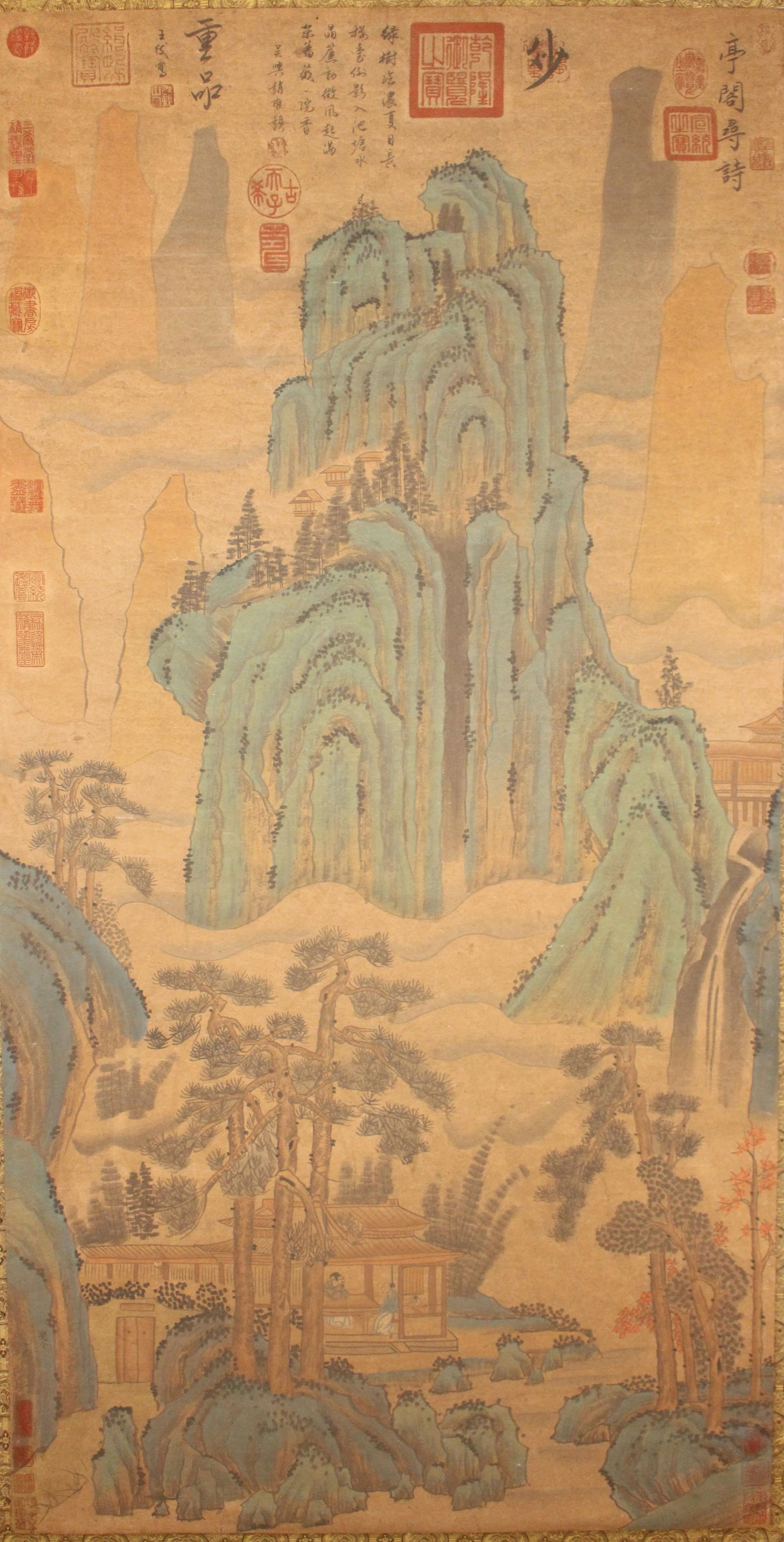 A Chinese Mountain-view Detailed Poetry-framing Fortune Scroll: A Chinese Mountain-view Detailed Poetry-framing Fortune Scroll . Length: 50(inch). Width: 25 (inch).