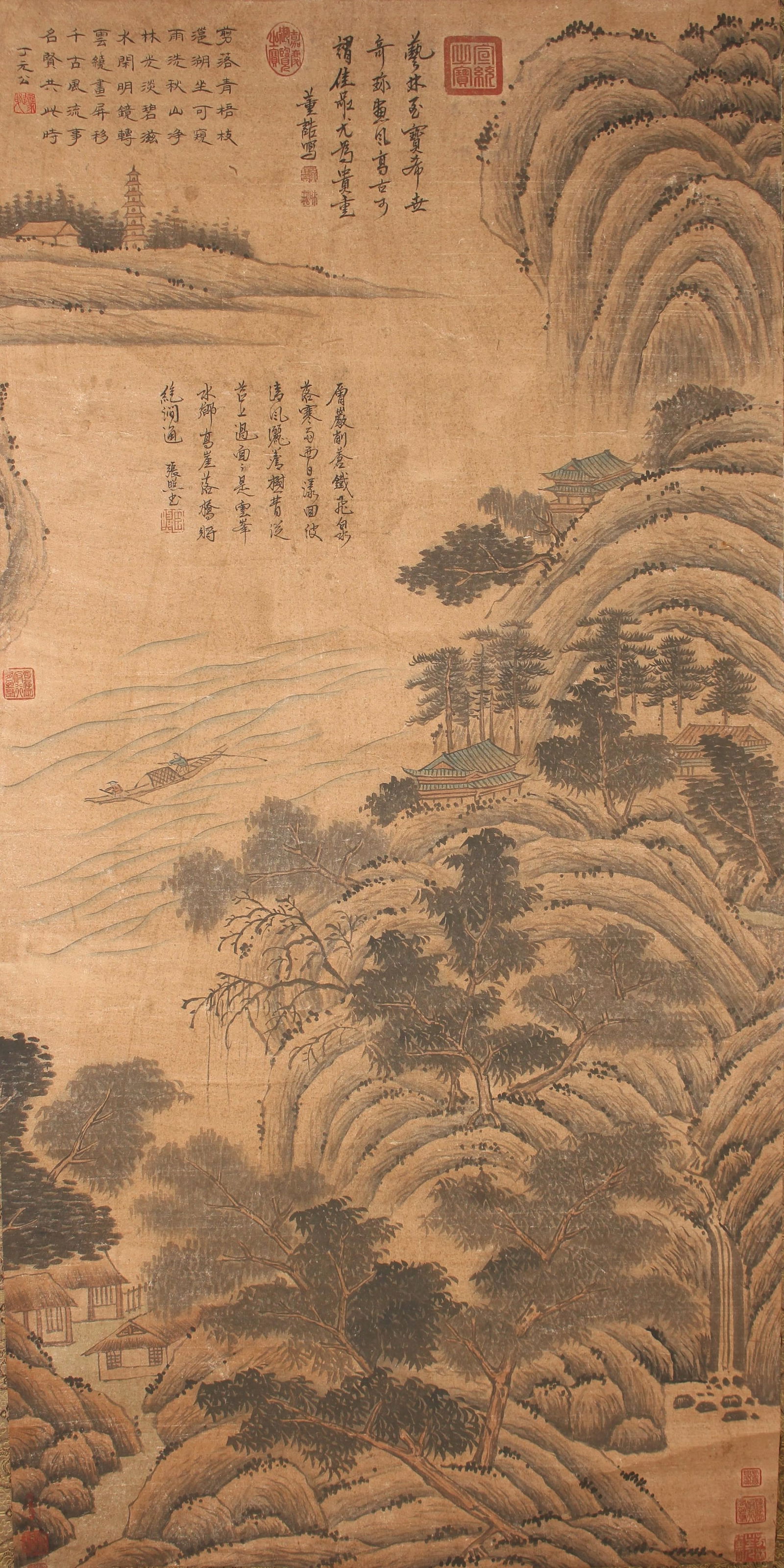 A Chinese Poetry-framing Mountain-view Fortune Scroll: A Chinese Poetry-framing Mountain-view Fortune Scroll . Length: 50(inch). Width: 25 (inch).