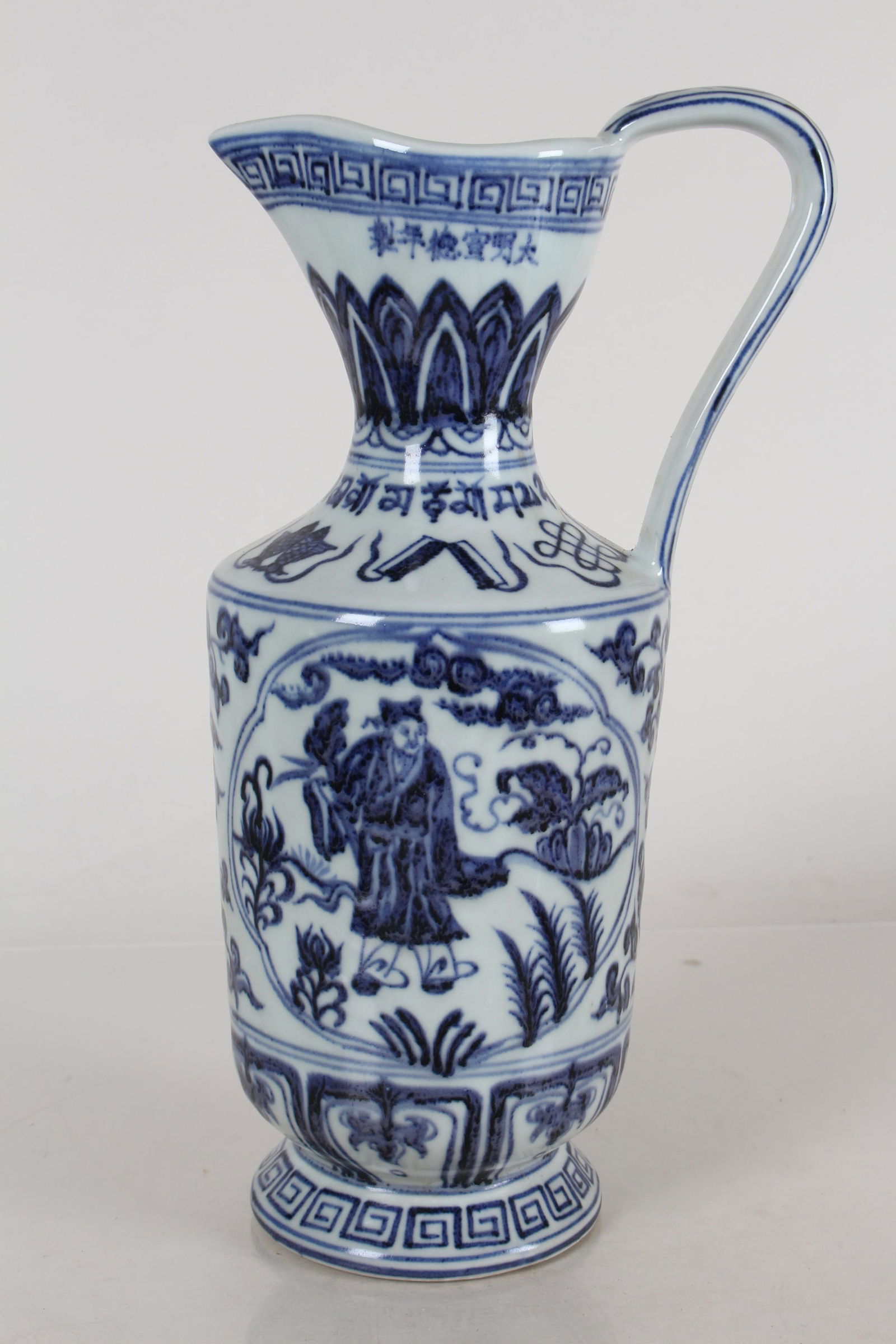A Chinese Story-telling Blue and White Porcelain Fortune Ewer: A Chinese Story-telling Blue and White Porcelain Fortune Ewer. Height: 10.75 (inch).