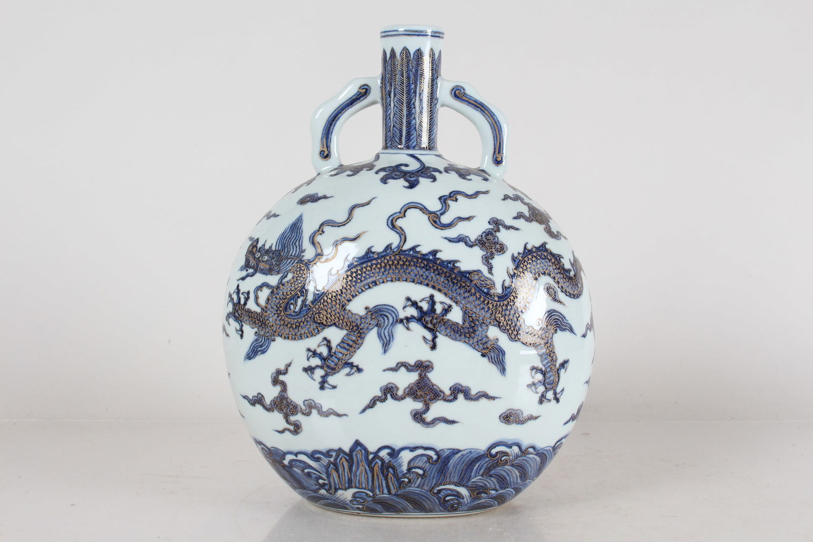 A Chinese Duo-handled Dragon-decorating Porcelain Fortune Vase: A Chinese Duo-handled Dragon-decorating Porcelain Fortune Vase . Height: 11 (inch).