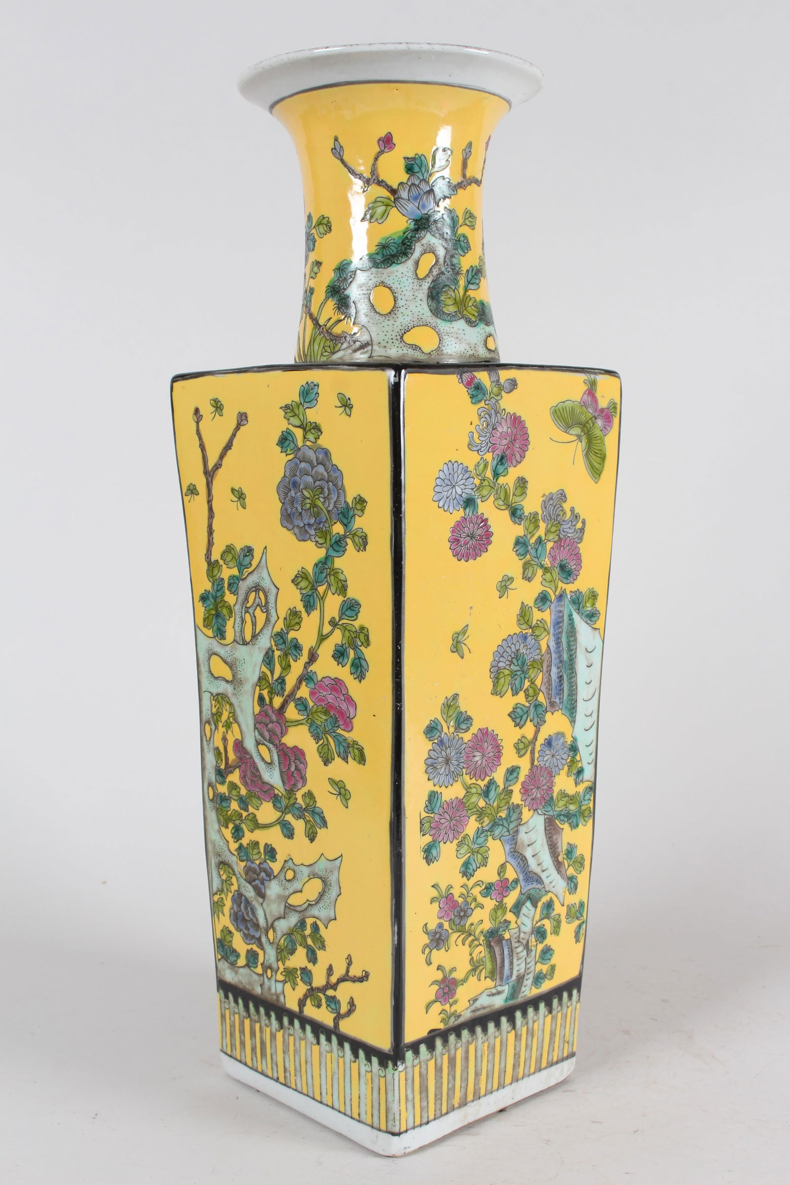 A Chinese Yellow-coding Nature-sceen Fortune Porcelain Vase: A Chinese Yellow-coding Nature-sceen Fortune Porcelain Vase . Height: 18 (inch). Length: 6 (inch). Width: 6 (inch).