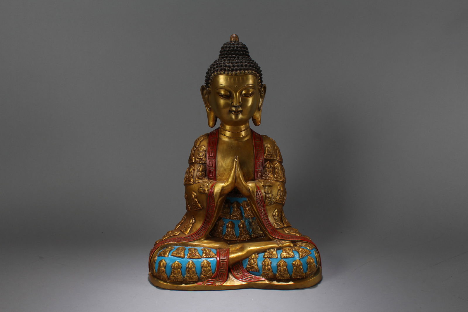 A Chinese Religious Gilt Pondering-pose Fortune Buddha Statue: A Chinese Religious Gilt Pondering-pose Fortune Buddha Statue. Height: 16.25 (inch). Width: 11 (inch). Length: 7 (inch)