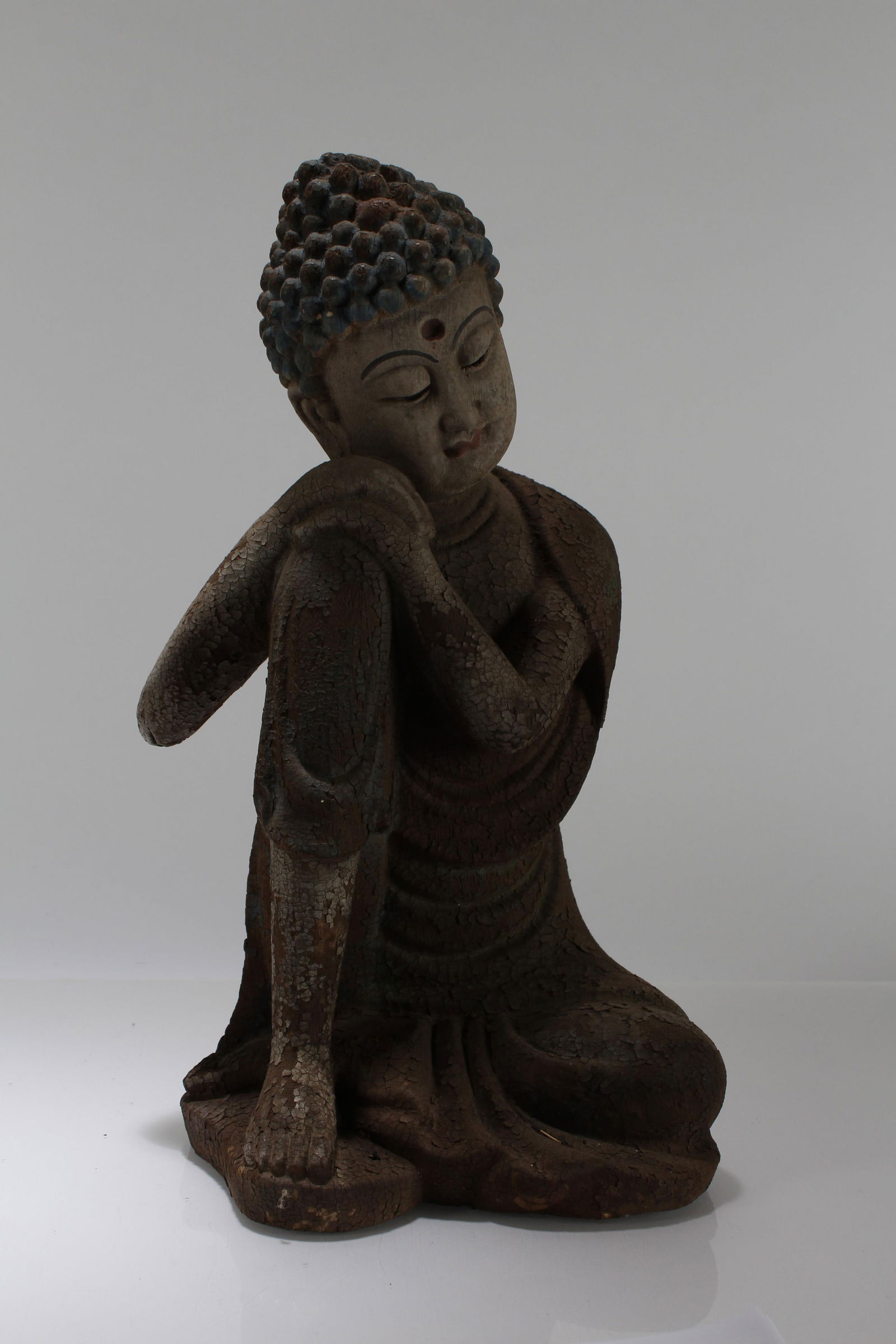 A Chinese Massive Buddha Wooden Pondering-pose Religious Statue: A Chinese Massive Buddha Wooden Pondering-pose Religious Statue. Height: 13 (inch). Length: 7 (inch).