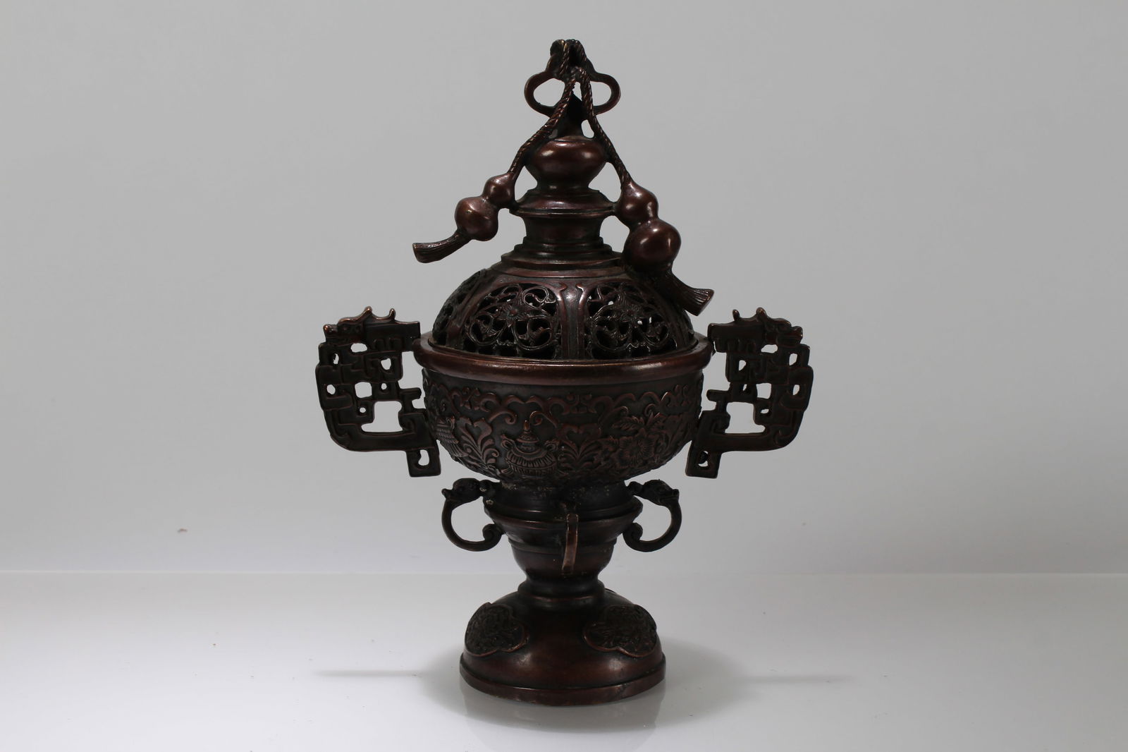 A Chinese Detailed Duo-handling Lidded Myth-beast Fortune Censer: A Chinese Detailed Duo-handling Lidded Myth-beast Fortune Censer. Height: 11 (inch).