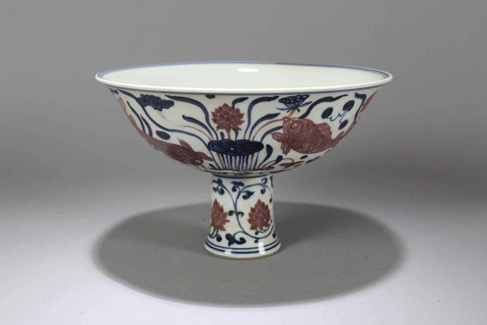 A Chinese Tall-end Aqua-theme Blue and White Porcelain Fortune Cup: A Chinese Tall-end Aqua-theme Blue and White Porcelain Fortune Cup. Height: 6 (inch). Opening Diameter: 9.75 (inch).