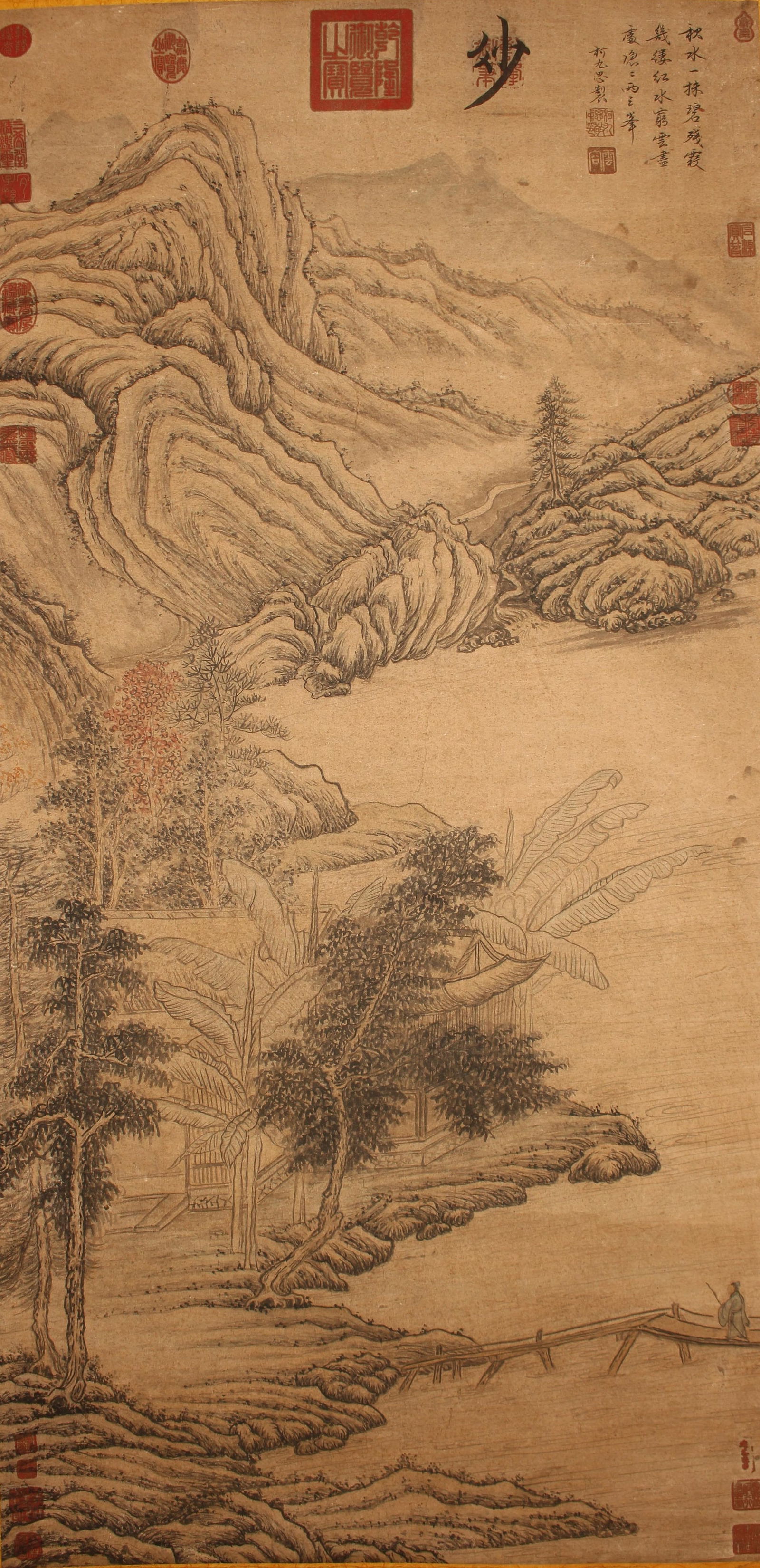 A Chinese Poetry-framing Mountain-view Fortune Scroll: A Chinese Poetry-framing Mountain-view Fortune Scroll . Length: 50(inch). Width: 25 (inch).