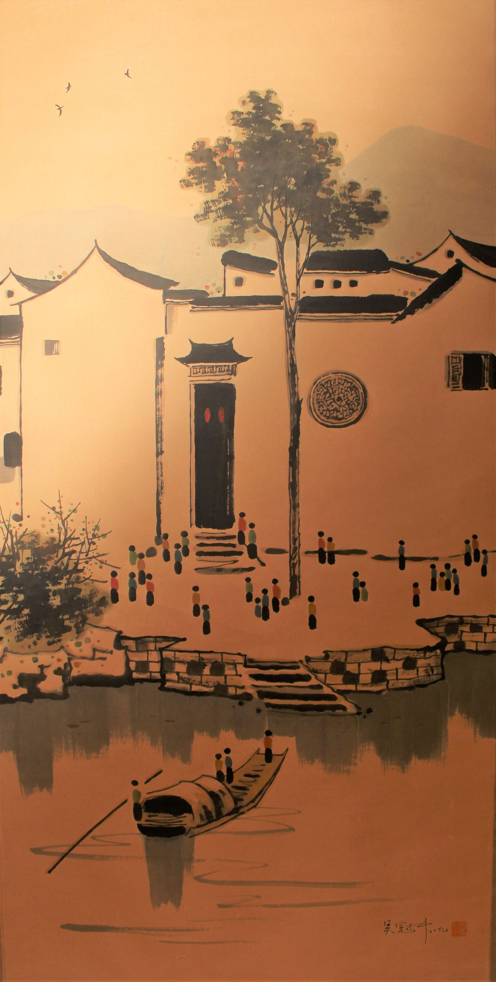 A Chinese Peaceful Lake-sceen Fortune Scroll: A Chinese Peaceful Lake-sceen Fortune Scroll. Length: 55 (inch). Width: 27 (inch).