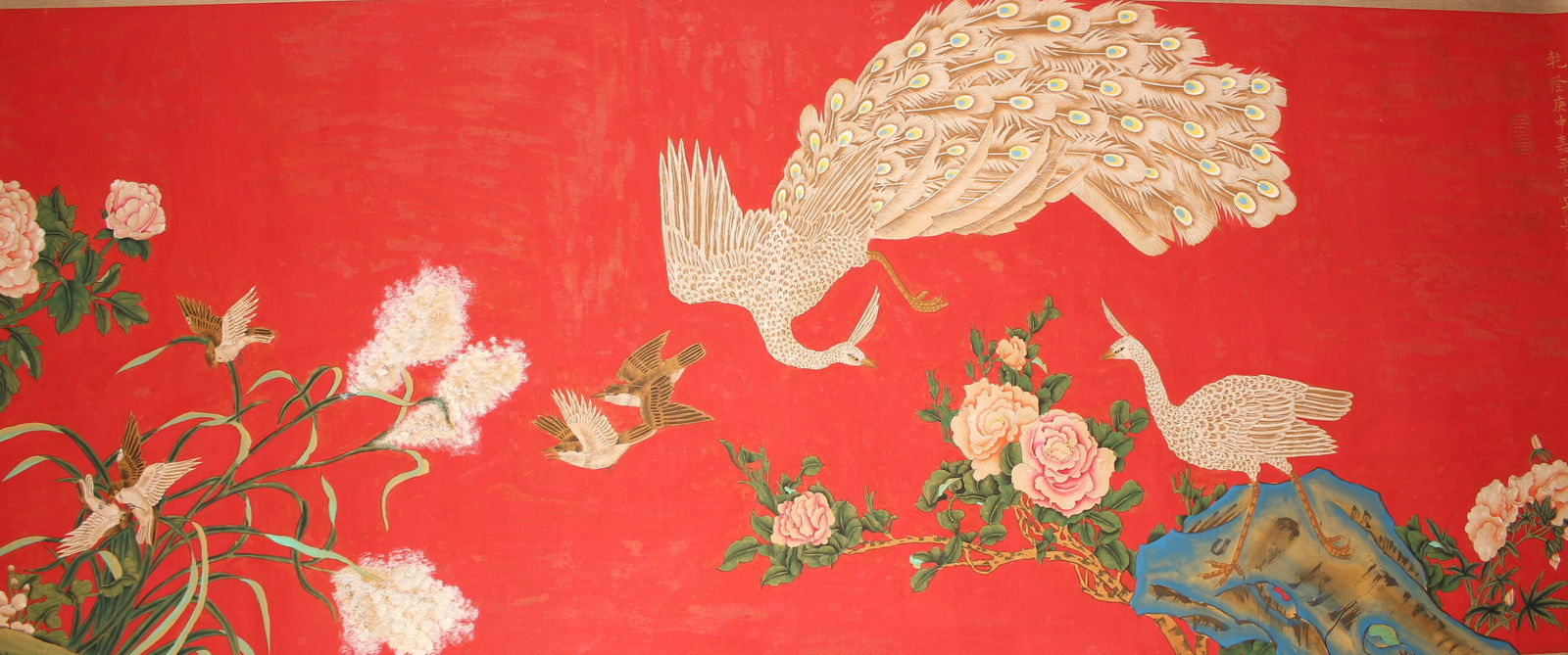 A Chinese Extremely-detailed Nature-sceen Flower-blossom Fortune Scroll: A Chinese Extremely-detailed Nature-sceen Flower-blossom Fortune Scroll . Length: 196 (inch). Width: 27 (inch).