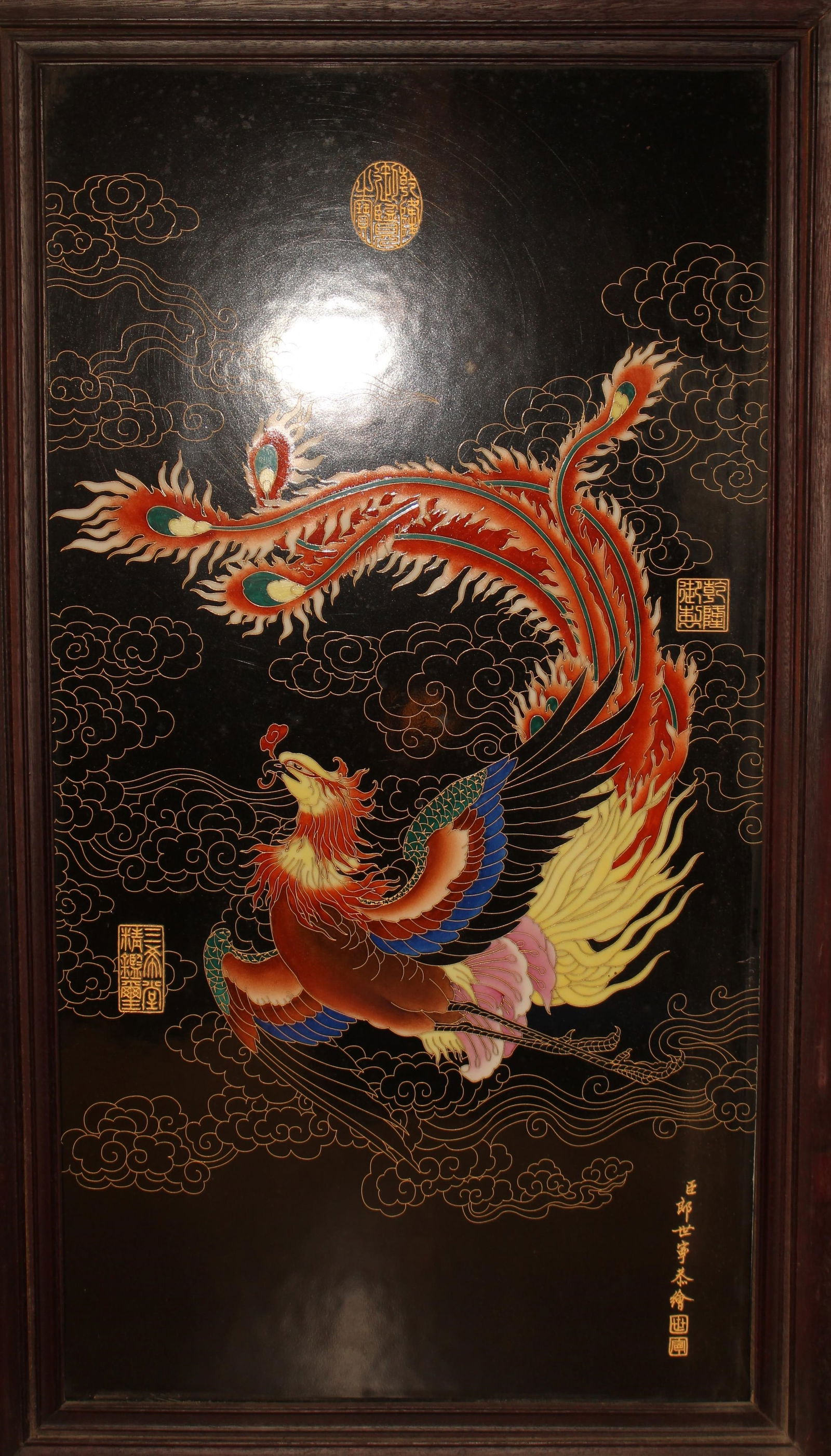 A Hardwood Chinese Phoenix-portrait Massive Religious Porcelain Plaque: A Hardwood Chinese Phoenix-portrait Massive Religious Porcelain Plaque. Height: 20(inch). Length: 35 (inch). Width: 1 (inch).
