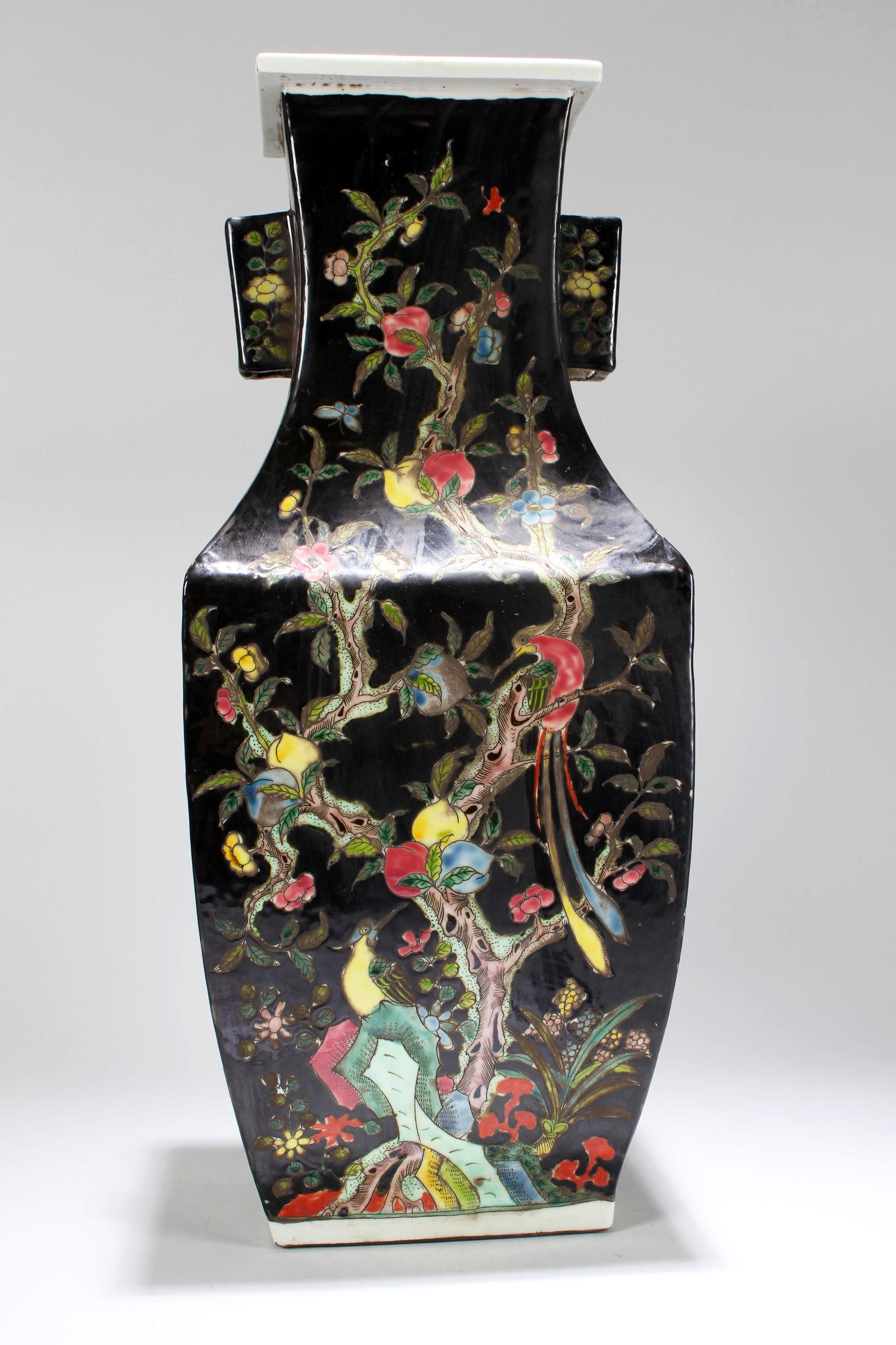A Chinese Duo-handled Black-coding Fortune Porcelain Vase: A Chinese Duo-handled Black-coding Fortune Porcelain Vase . Height: 17.5 (inch).