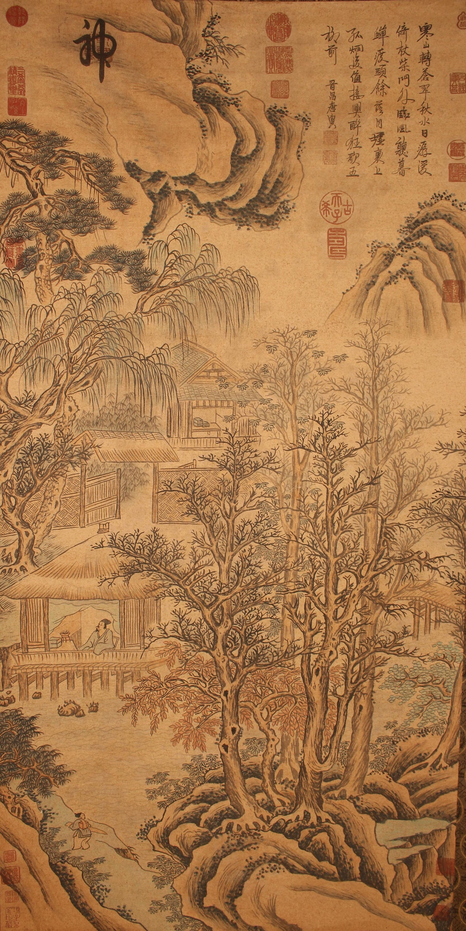 A Chinese Poetry-framing Mountain-view Fortune Scroll: A Chinese Poetry-framing Mountain-view Fortune Scroll . Length: 50(inch). Width: 25 (inch).