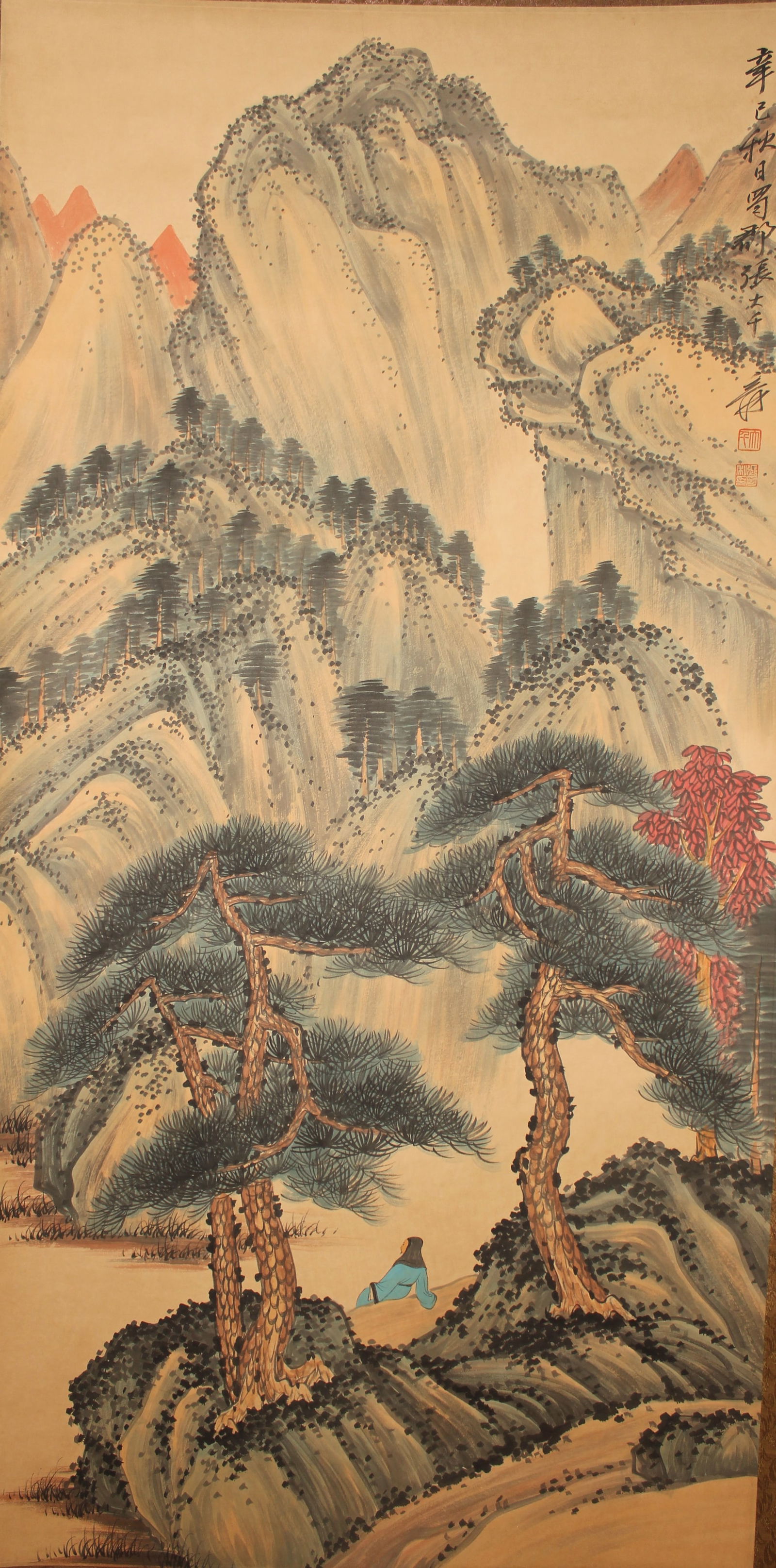 A Chinese Abstract-style Mountain-view Fortune Scroll: A Chinese Abstract-style Mountain-view Fortune Scroll . Length: 54 (inch). Width: 26.5 (inch).