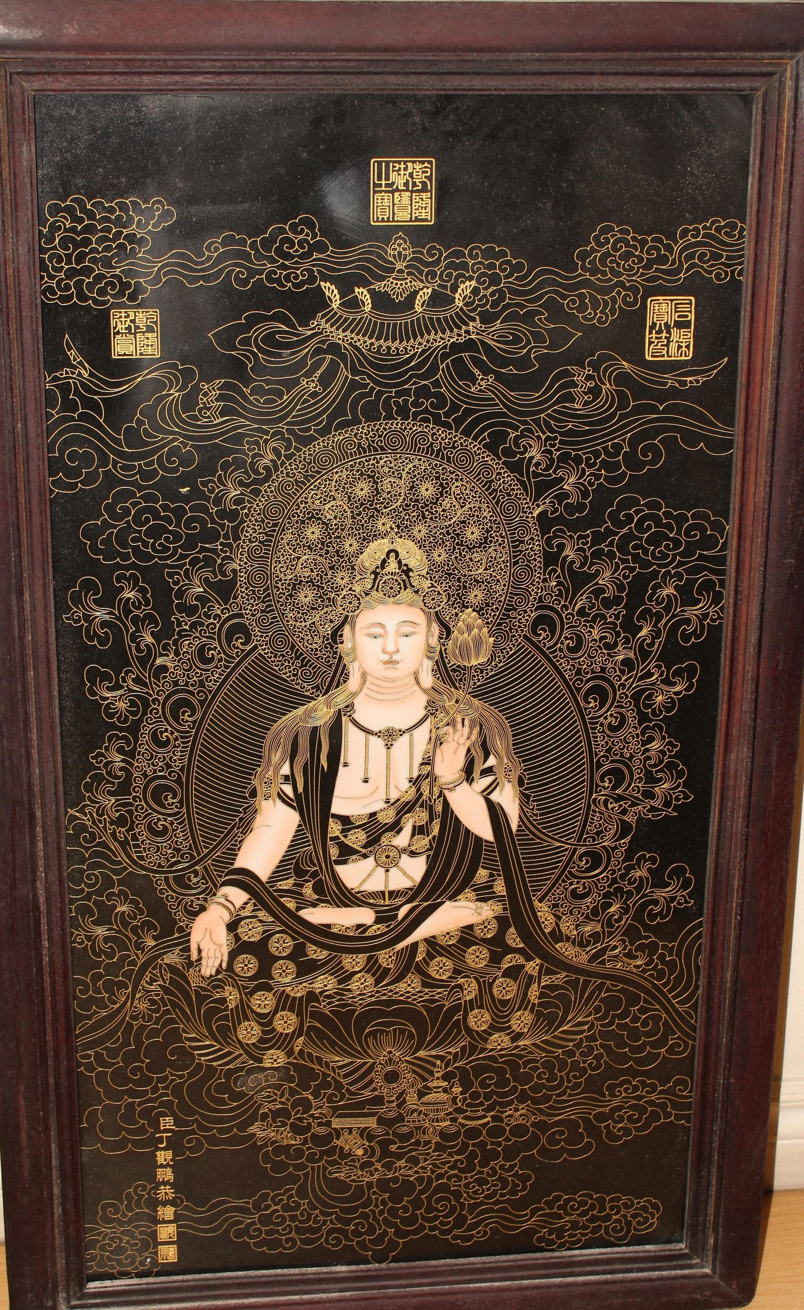A Hardwood Chinese Bodhisattva Massive Religious Porcelain Plaque: A Hardwood Chinese Bodhisattva Massive Religious Porcelain Plaque. Length: 35.5 (inch). Width: 20.75 (inch).