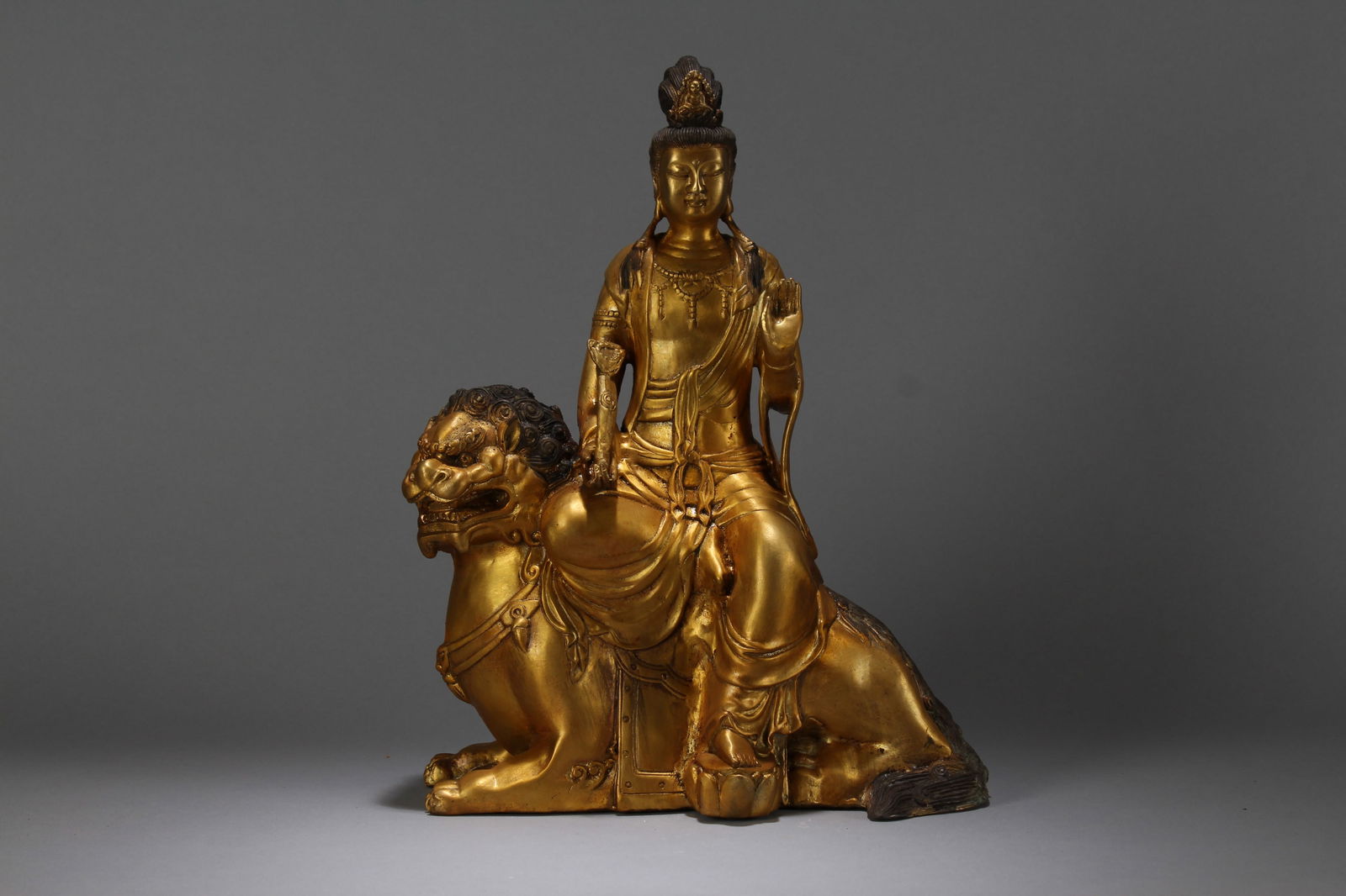 A Chinese Vividly-detailed Religious Myth-beast Fortune Gilt Statue: A Chinese Vividly-detailed Religious Myth-beast Fortune Gilt Statue. Height: 13.5 (inch). Length: 10 (inch). Width: 4 (inch).