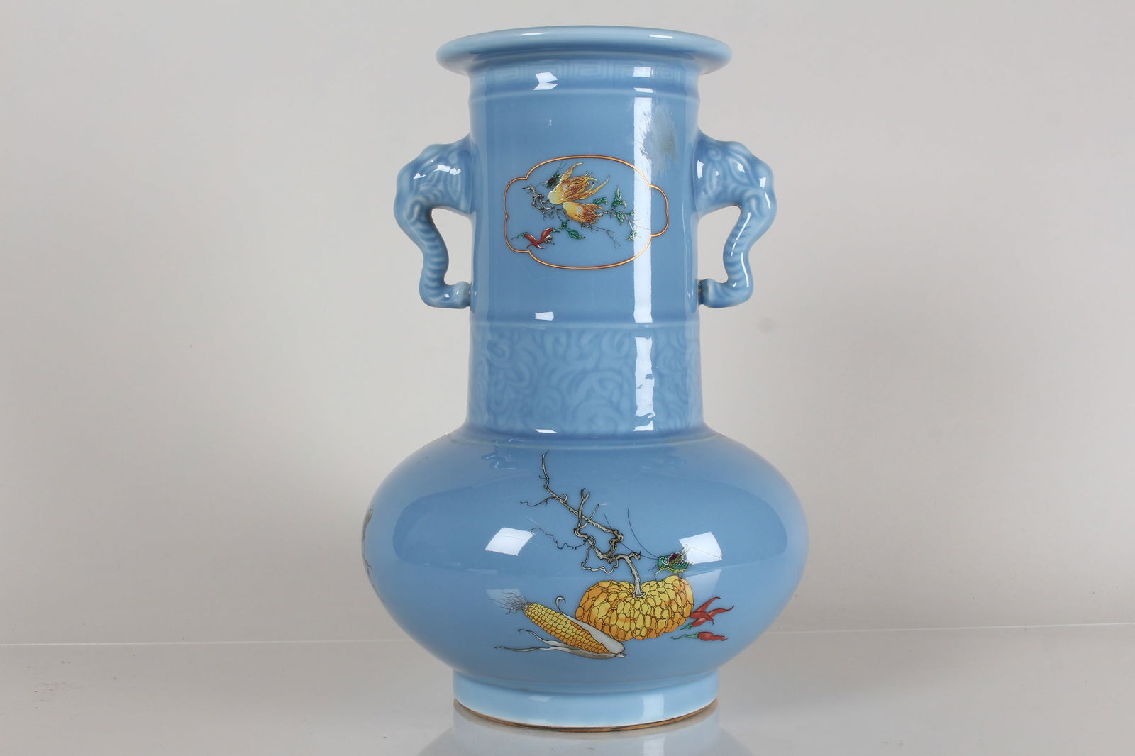 A Chinese Duo-handled Nature-sceen Porcelain Blue-coding Fortune Vase: A Chinese Duo-handled Nature-sceen Porcelain Blue-coding Fortune Vase . Height: 12.25 (inch).