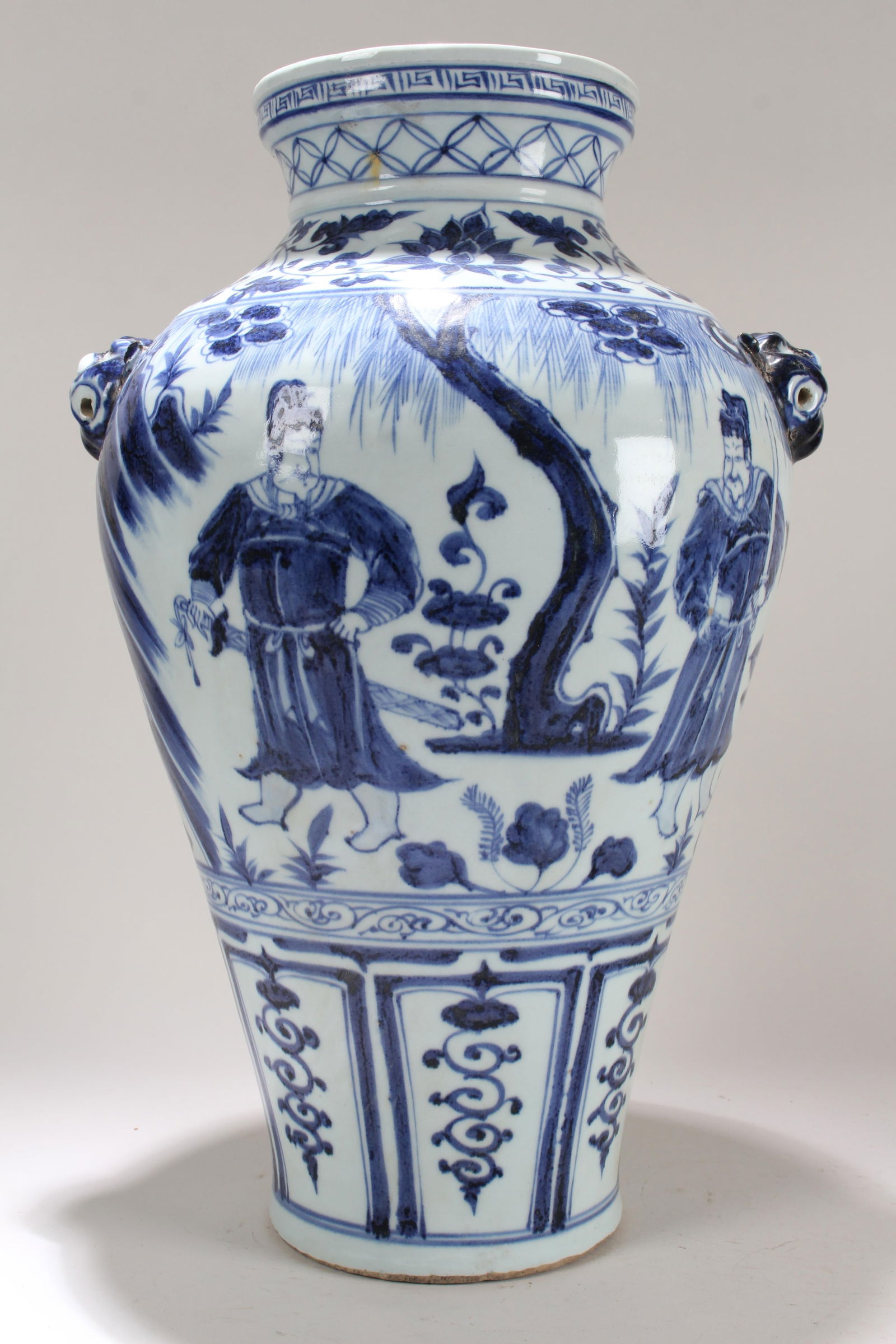 A Chinese Duo-handled Blue and White Story-telling Porcelain Fortune Vase: A Chinese Duo-handled Blue and White Story-telling Porcelain Fortune Vase. Height: 17.5 (inch).