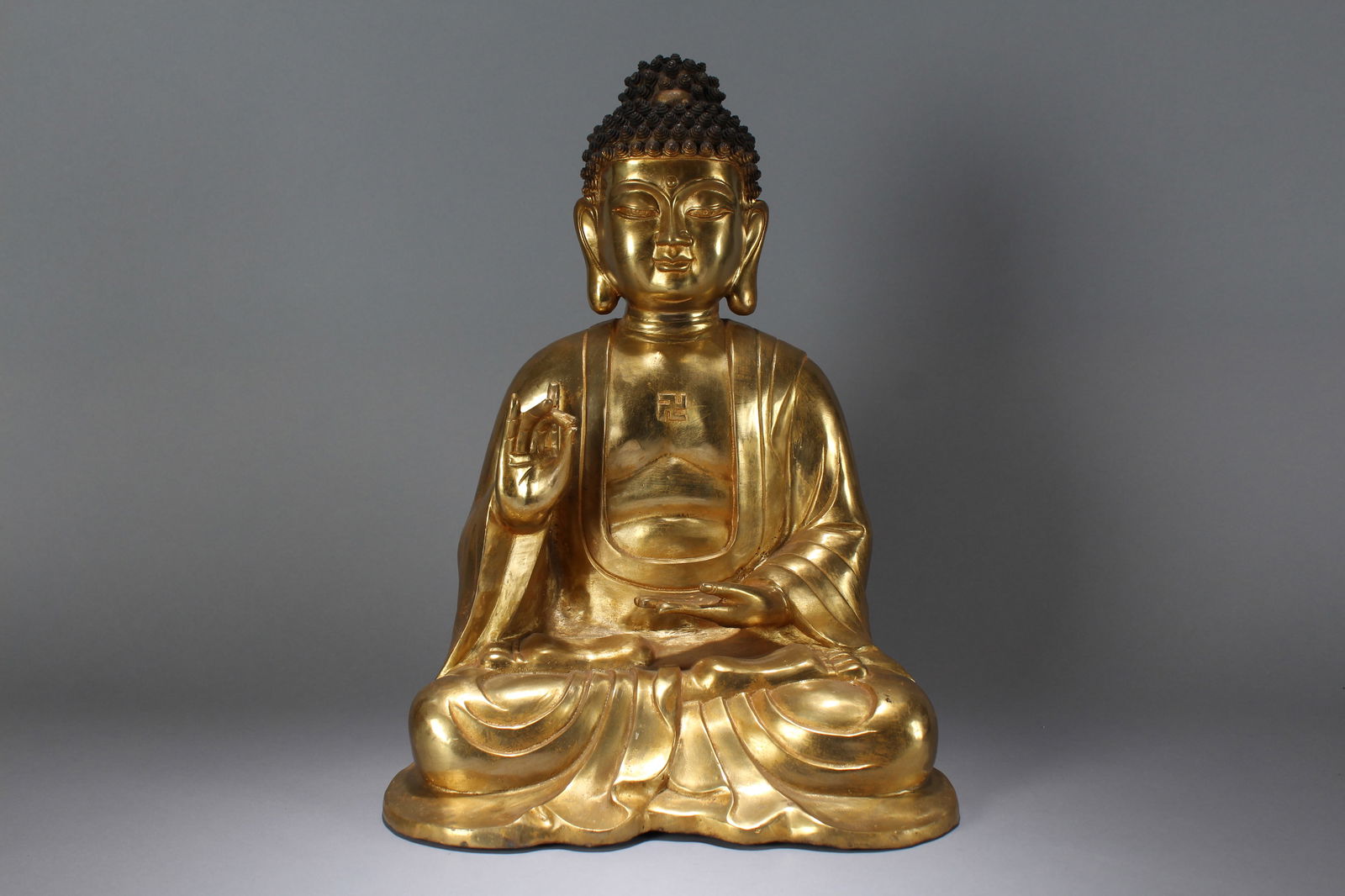 A Chinese Pondering-pose Religious Gilt Fortune Massive Buddha Statue: A Chinese Pondering-pose Religious Gilt Fortune Massive Buddha Statue. Height: 16 (inch). Width: 12 (inch). Length: 8 (inch).