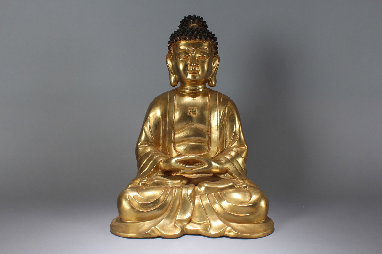 A Chinese Pondering-pose Religious Gilt Fortune Massive Buddha Statue: A Chinese Pondering-pose Religious Gilt Fortune Massive Buddha Statue. Height: 16 (inch). Width: 12 (inch). Length: 8 (inch).
