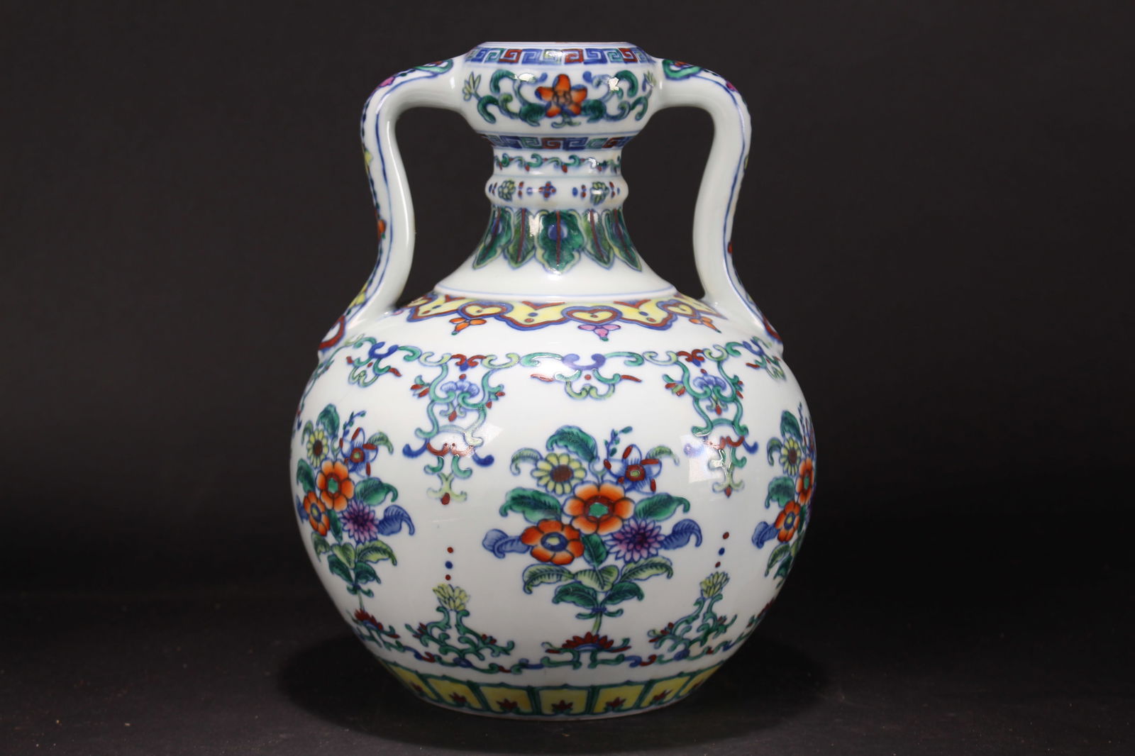 A Chinese Duo-handle Bat-framing Porcelain Fortune Vase: A Chinese Duo-handle Bat-framing Porcelain Fortune Vase. Height: 9.75 (inch).