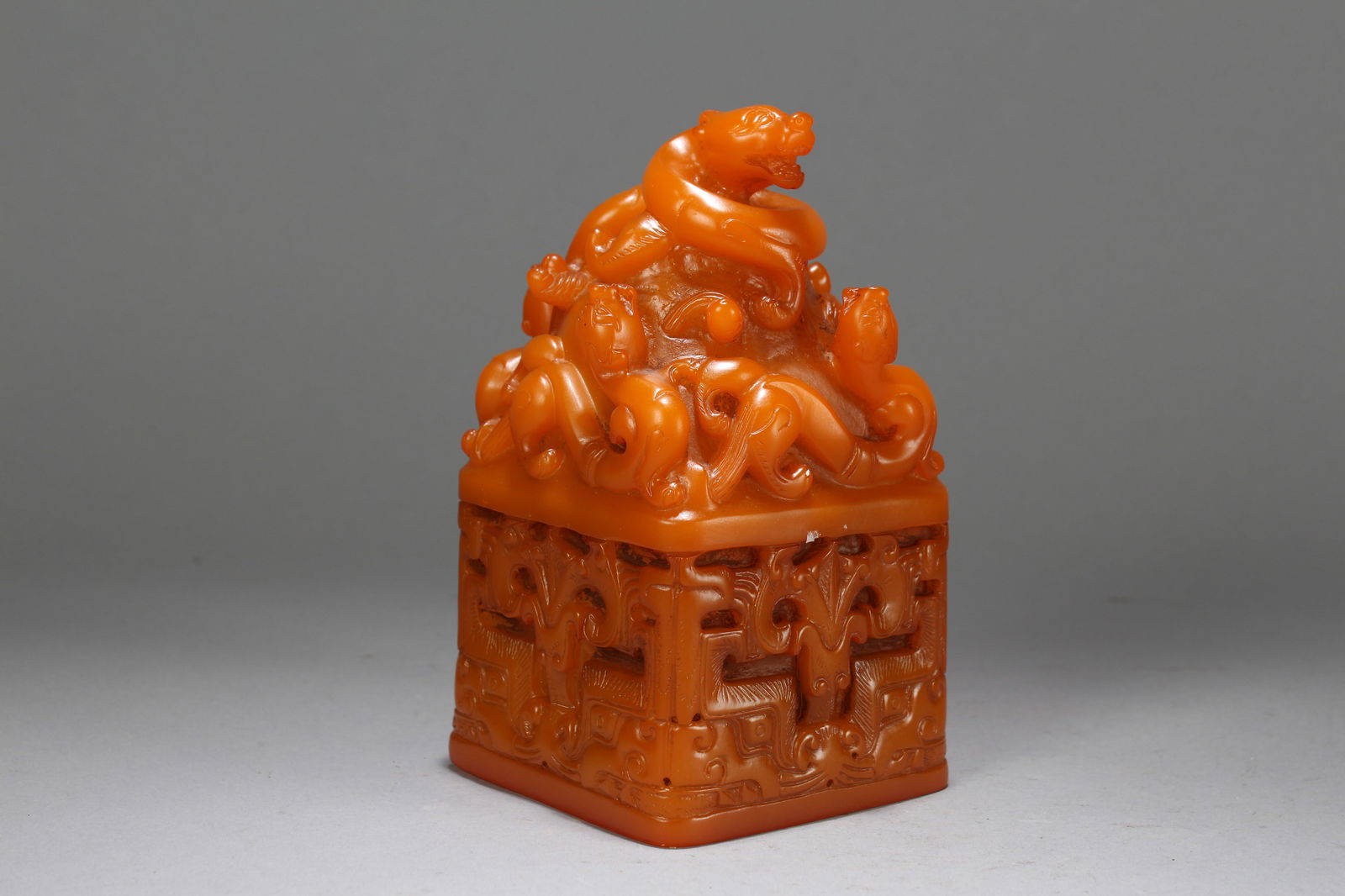 A Chinese Myth-beast Fortune Vivildy-detailed Soapstone Seal: A Chinese Myth-beast Fortune Vivildy-detailed Soapstone Seal. Height: 6.5 (inch). Length: 3.5 (inch). Width: 3.5 (inch).