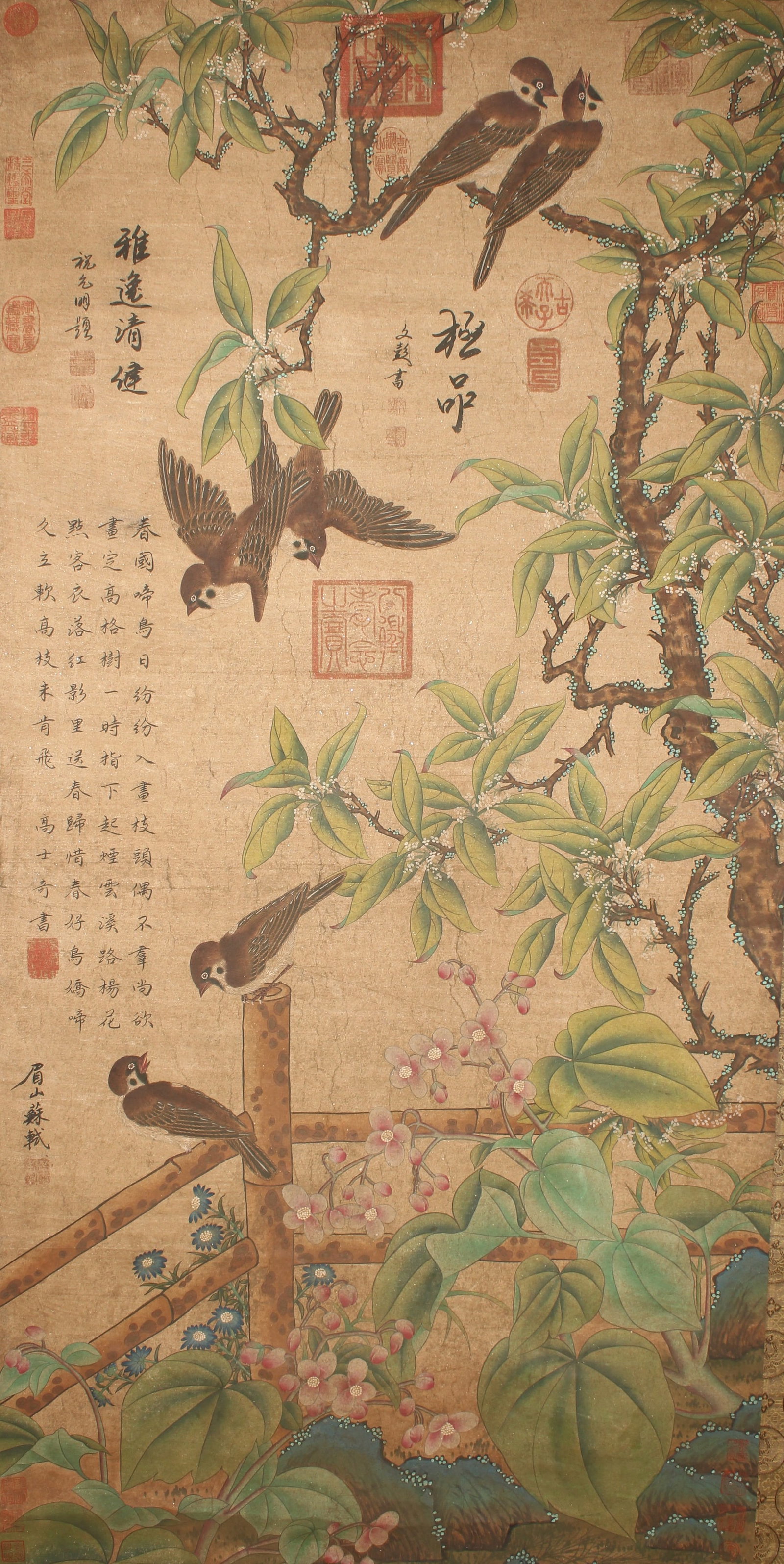 A Chinese Vividly-detailed Nature-sceen Poetry-framing Fortune Scroll: A Chinese Vividly-detailed Nature-sceen Poetry-framing Fortune Scroll. Height : 51 (inch). Width : 25 (inch).