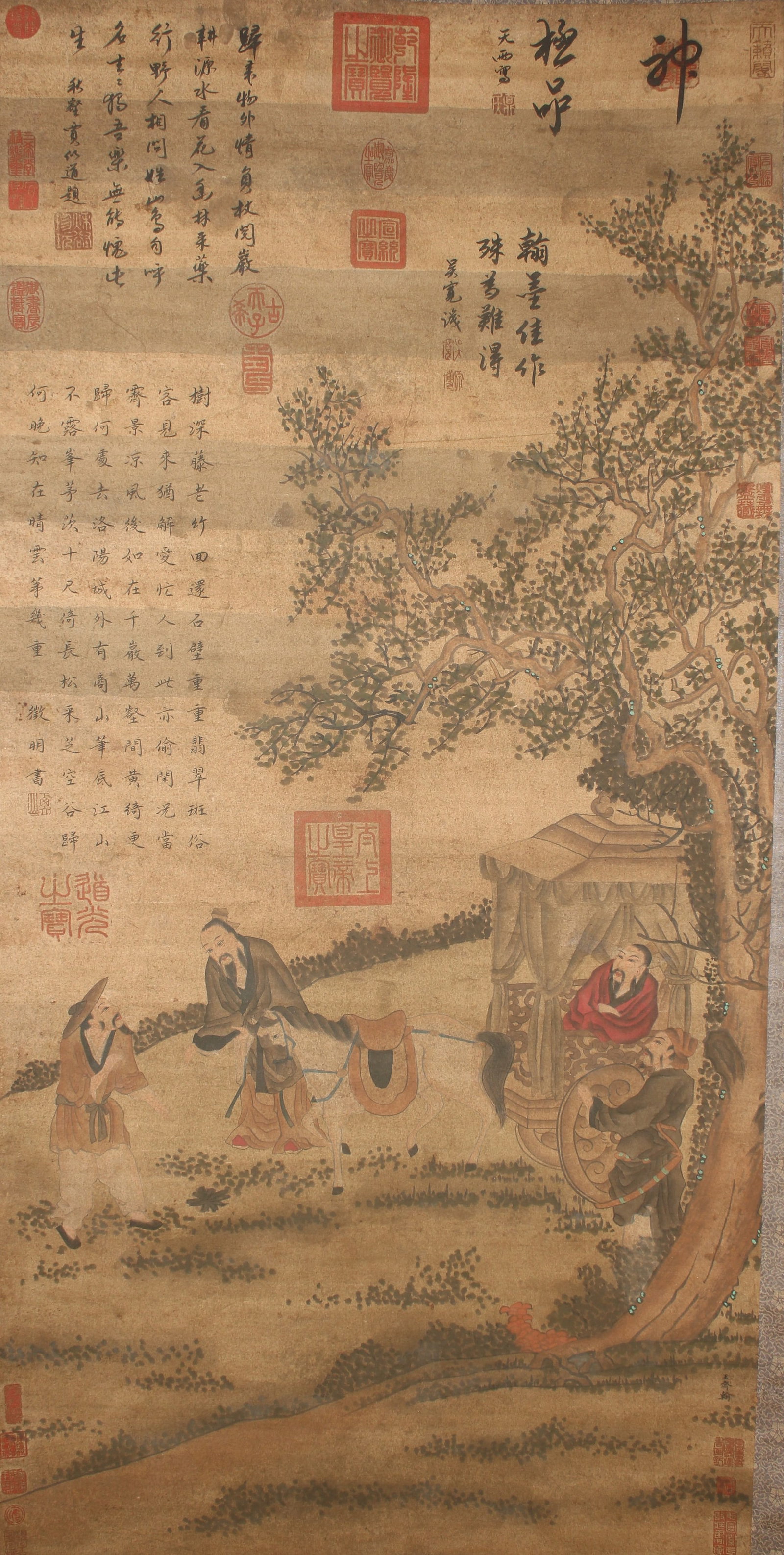 A Chinese Vividly-detailed Story-telling Fortune Scroll: A Chinese Vividly-detailed Story-telling Fortune Scroll. Height : 52 (inch). Width : 26 (inch).