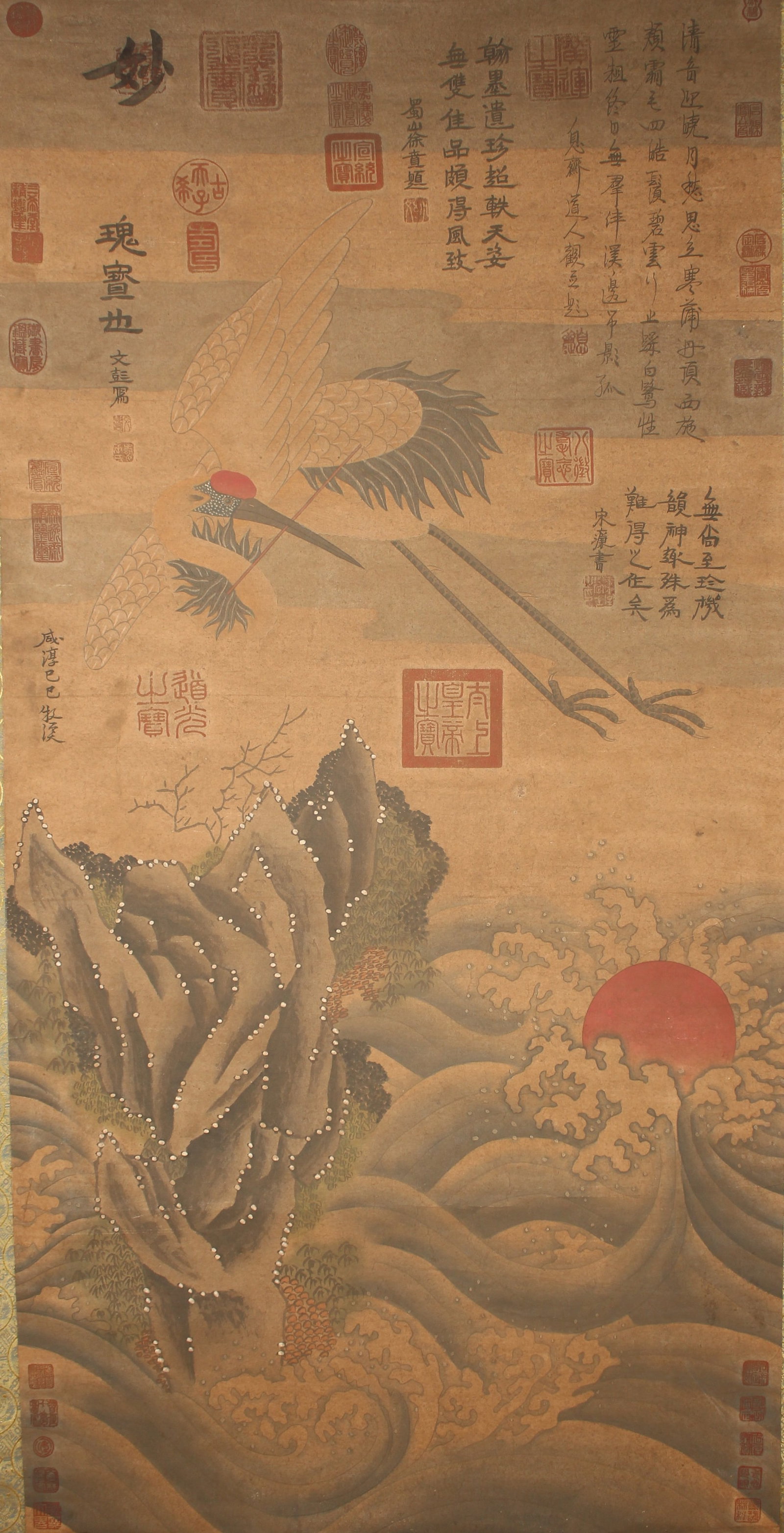 A Chinese Story-telling Vividly-detailed Crane-fortune Scroll: A Chinese Story-telling Vividly-detailed Crane-fortune Scroll. Height : 50 (inch). Width : 25 (inch).
