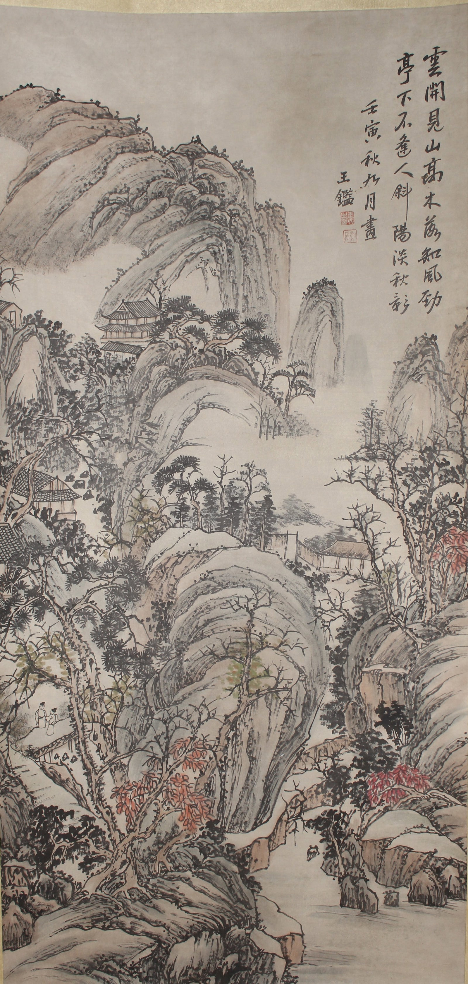 A Chinese Vividly-detailed Mountain-view Fortune Scroll: A Chinese Vividly-detailed Mountain-view Fortune Scroll. Height : 53 (inch). Width : 25 (inch).