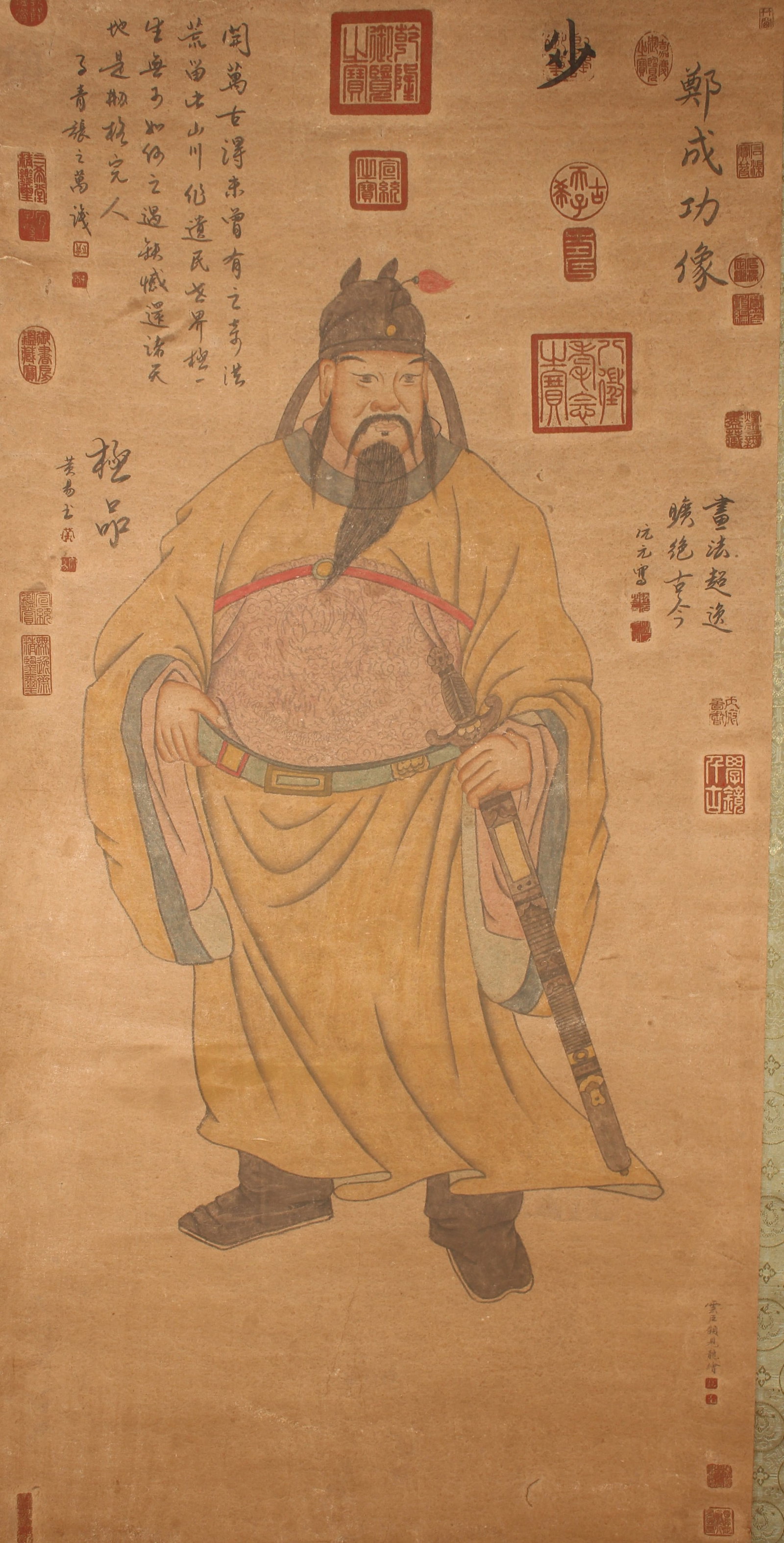 A Chinese Poetry-framing Portrait Fortune Scroll: A Chinese Poetry-framing Portrait Fortune Scroll. Height : 53 (inch). Width : 25 (inch).