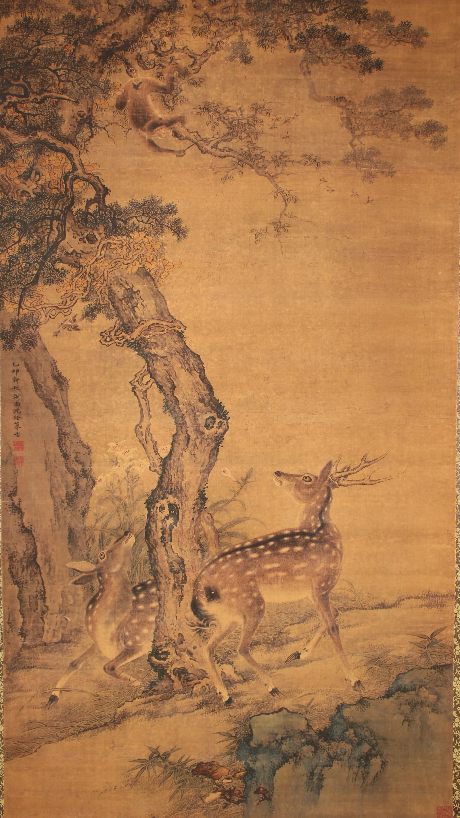 A Chinese Vividly-detailed Nature-sceen Fortune Scroll: A Chinese Vividly-detailed Nature-sceen Fortune Scroll. Height : 43 (inch). Width : 23 (inch).