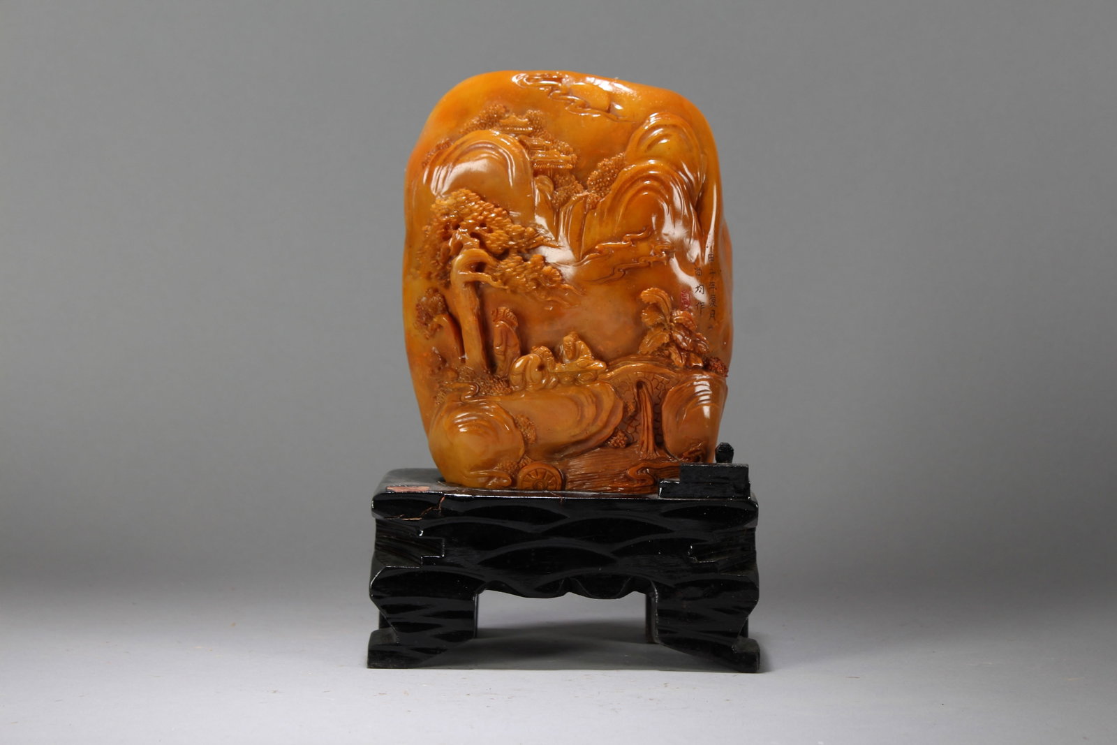 A Chinese Vividly-detailed Mountain-view Fortune Soapstone: A Chinese Vividly-detailed Mountain-view Fortune Soapstone. Height : 10 (inch). Width : 6 (inch). Length : 3 (inch).