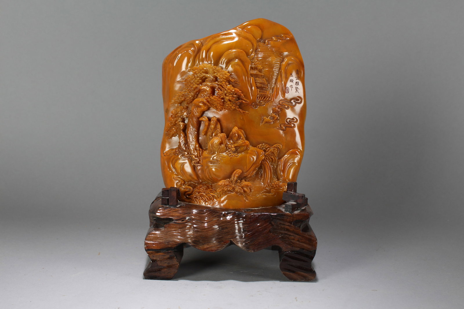 A Chinese Vividly-detailed Mountain-view Fortune Soapstone: A Chinese Vividly-detailed Mountain-view Fortune Soapstone. Height : 10 (inch). Width : 6.5 (inch). Length : 5 (inch).
