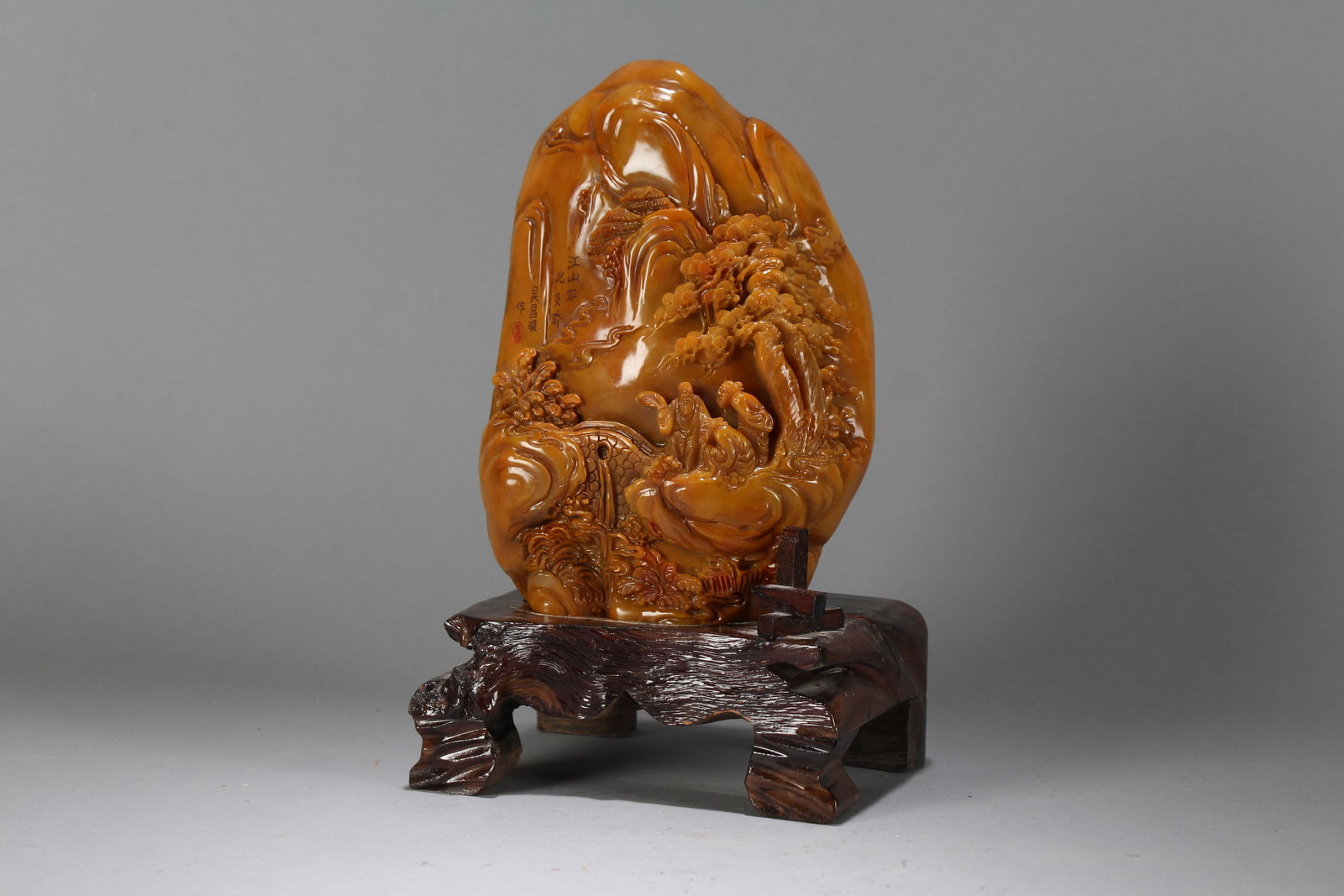 A Chinese Vividly-detailed Religious Mountain-view Fortune Soapstone: A Chinese Vividly-detailed Religious Mountain-view Fortune Soapstone. Height : 11 (inch). Width : 6 (inch). Length : 5 (inch).