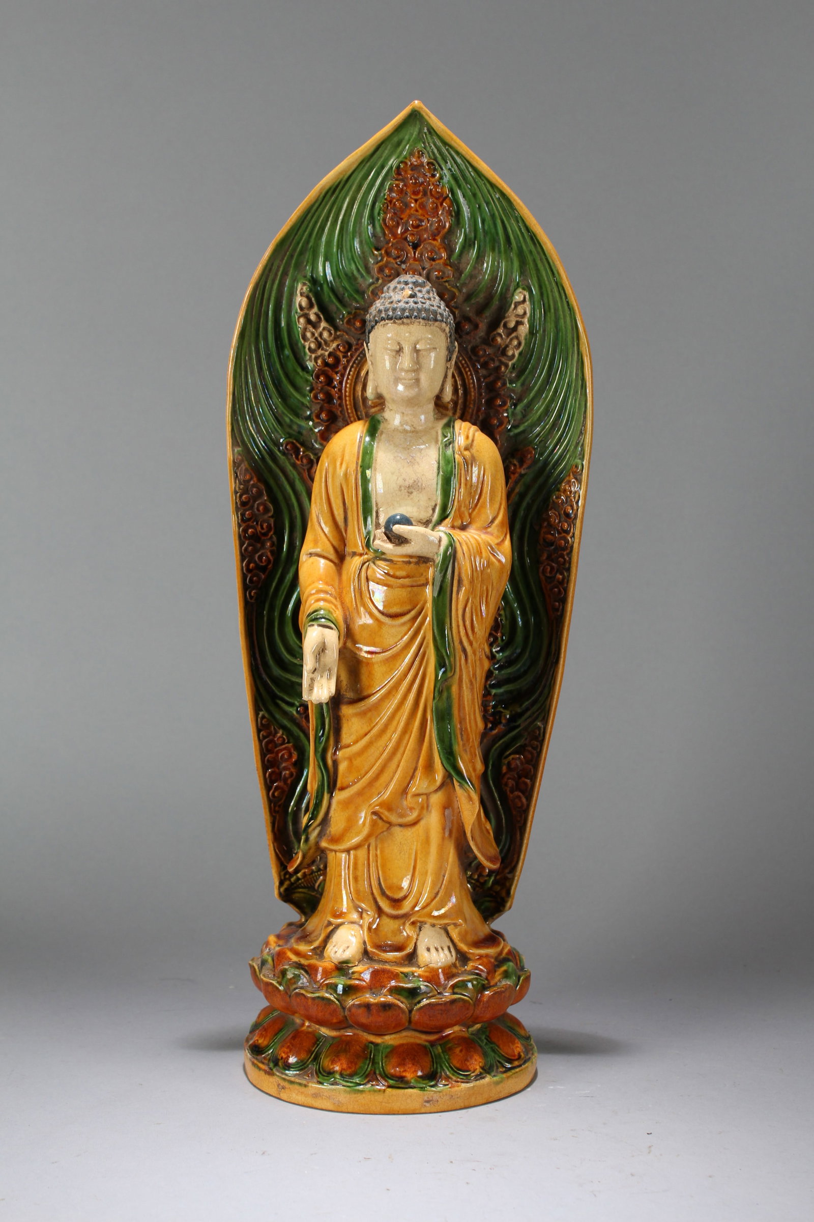 A Chinese Religious Fortune Buddha Statue: A Chinese Religious Fortune Buddha Statue. Height : 17.75 (inch). Opening Diameter : 3.5 (inch).