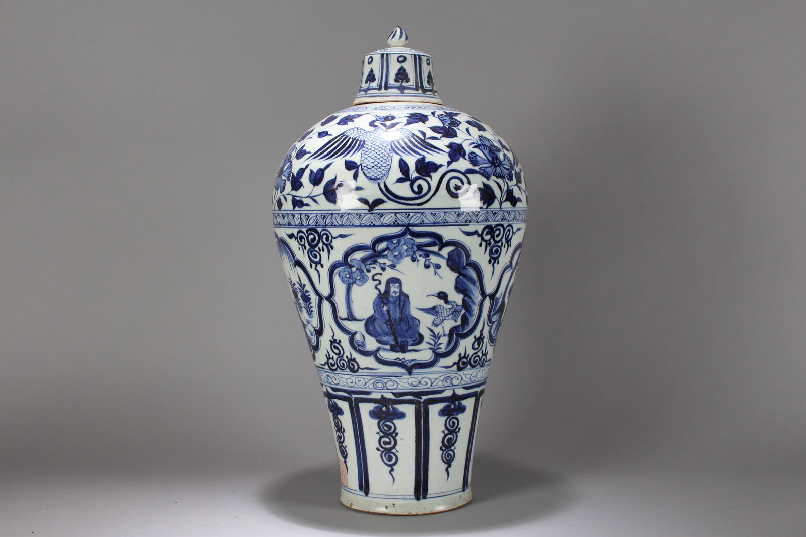 A Chinese Blue and White Story-telling Lidded Porcelain Fortune Vase: A Chinese Blue and White Story-telling Lidded Porcelain Fortune Vase. Height : 19.5 (inch). Opening Diameter : 9.5 (inch).