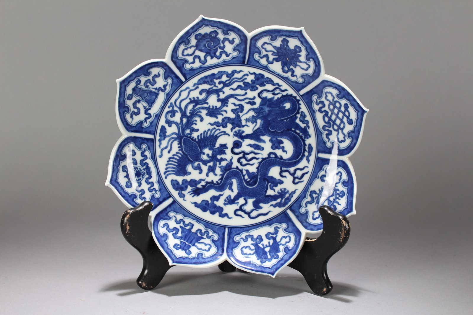 A Chinese Dragon-decorating Lotus-framing Blue and White Porcelain Plate: A Chinese Dragon-decorating Lotus-framing Blue and White Porcelain Plate. Height : 1.75 (inch). Opening Diameter : 8.75 (inch).