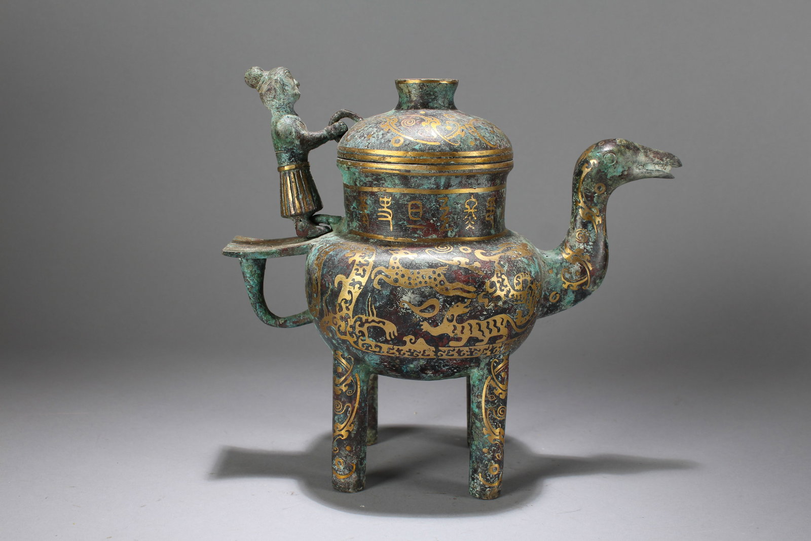 A Chinese Anicent-framing Story-telling Bronze Vessel: A Chinese Anicent-framing Story-telling Bronze Vessel. Height : 9.5 (inch). Width : 10 (inch). Length : 4 (inch).