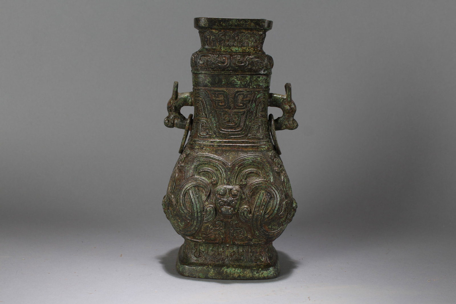 A Chinese Duo-opening Anicent-framing Religious Fortune Bronze Vessel: A Chinese Duo-opening Anicent-framing Religious Fortune Bronze Vessel. Height : 10.25 (inch). Width : 5.5 (inch). Length : 4 (inch).