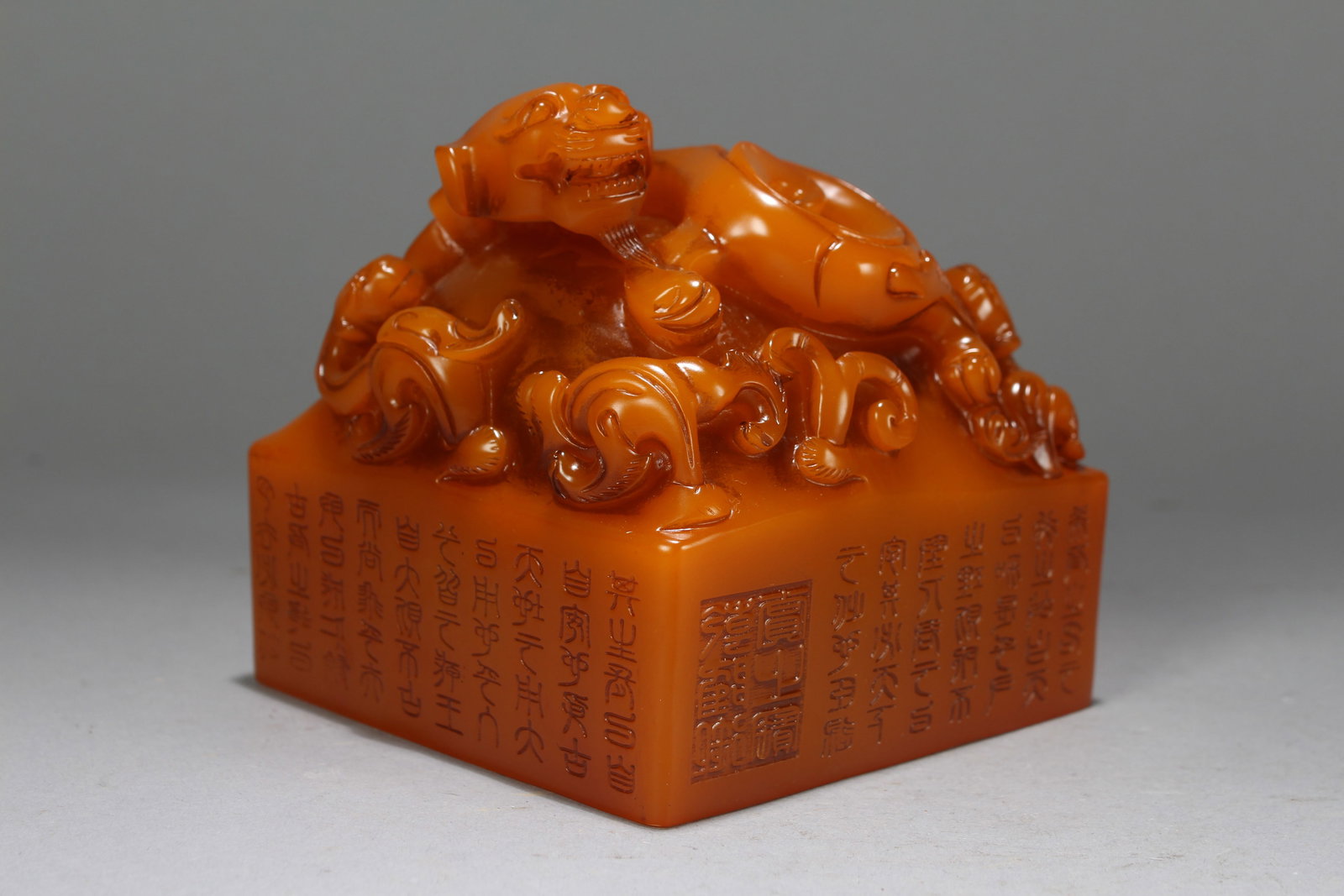 A Chinese Myth-beast Fortune Vivildy-detailed Soapstone Seal: A Chinese Myth-beast Fortune Vivildy-detailed Soapstone Seal. Height: 4.5 (inch). Length: 4.5 (inch). Width: 4.5 (inch).