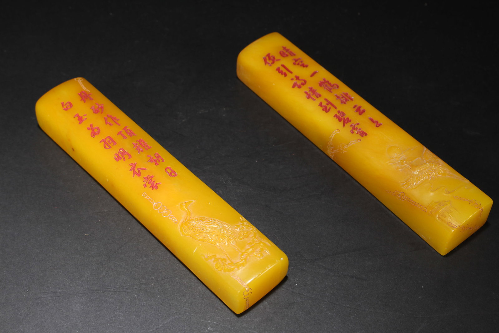 A Pair of Chinese Poetry-framing Soapstone Seals: A Pair of Chinese Poetry-framing Soapstone Seals. Height: 7.75 (inch). Length: 1.5 (inch). Width: 1 (inch).