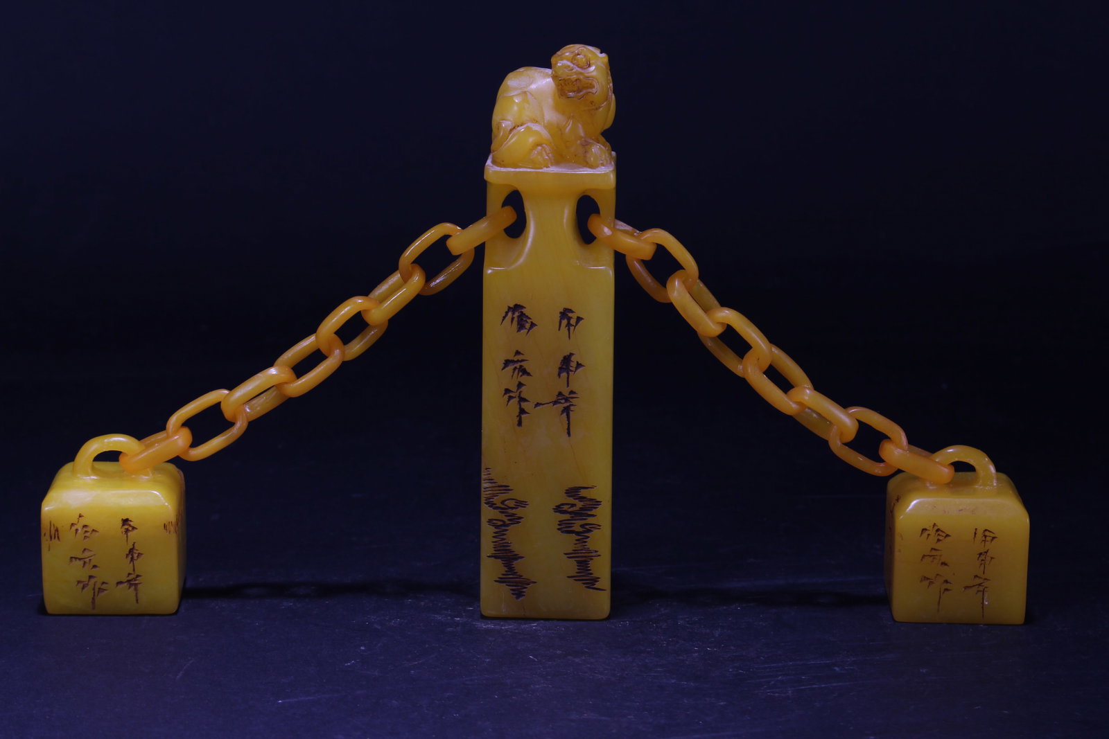 A Chinese Chained Myth-beast Fortune Soapstone Seals: A Chinese Chained Myth-beast Fortune Soapstone Seals. Height: 5.75 (inch). Length: 1.25 (inch). Width: 1.25 (inch).