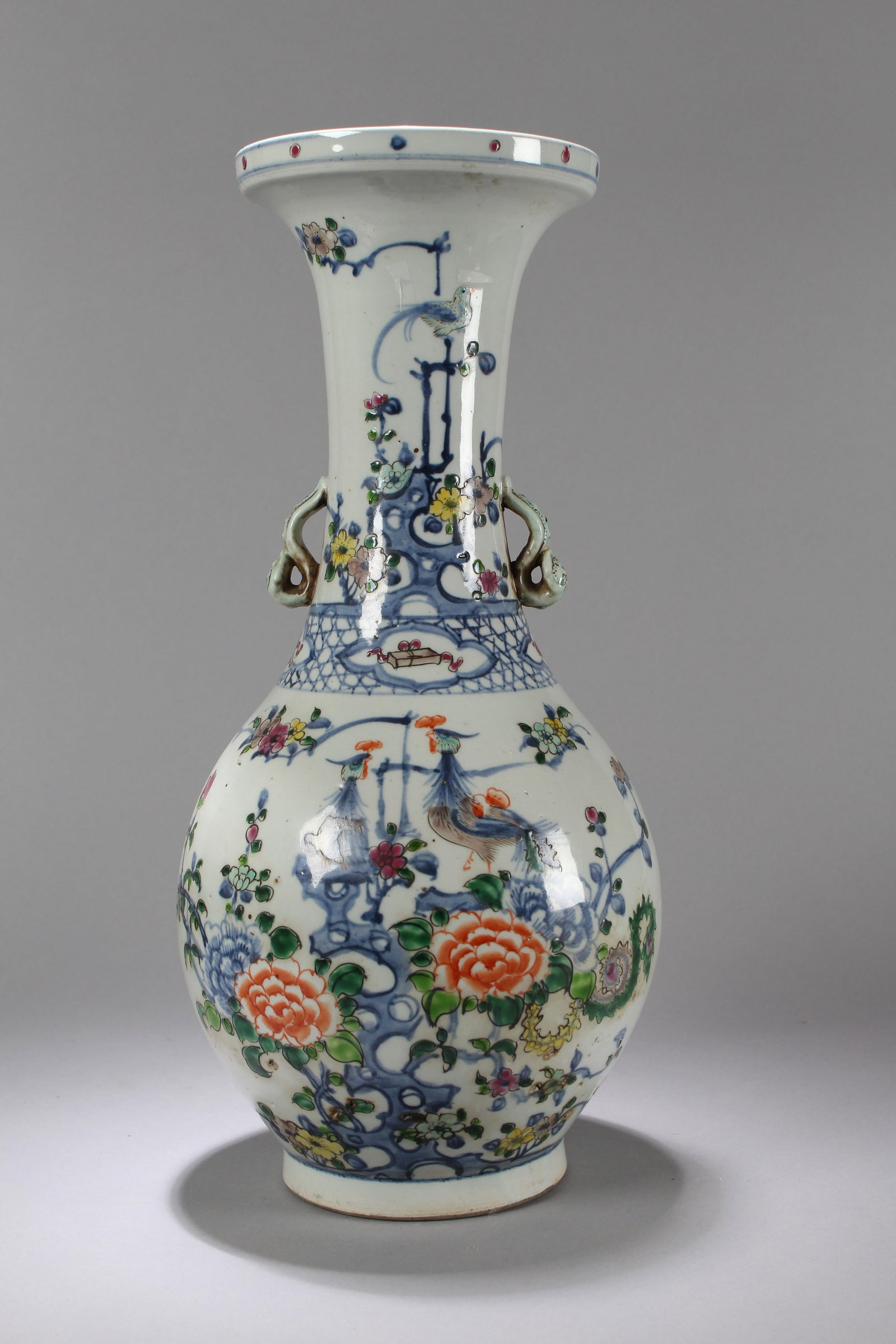 A Chinese Duo-opening Porcelain Flower-blossom Fortune Vase: A Chinese Duo-opening Porcelain Flower-blossom Fortune Vase. Height: 16.75 (inch). Opening Diameter: 7.5 (inch)