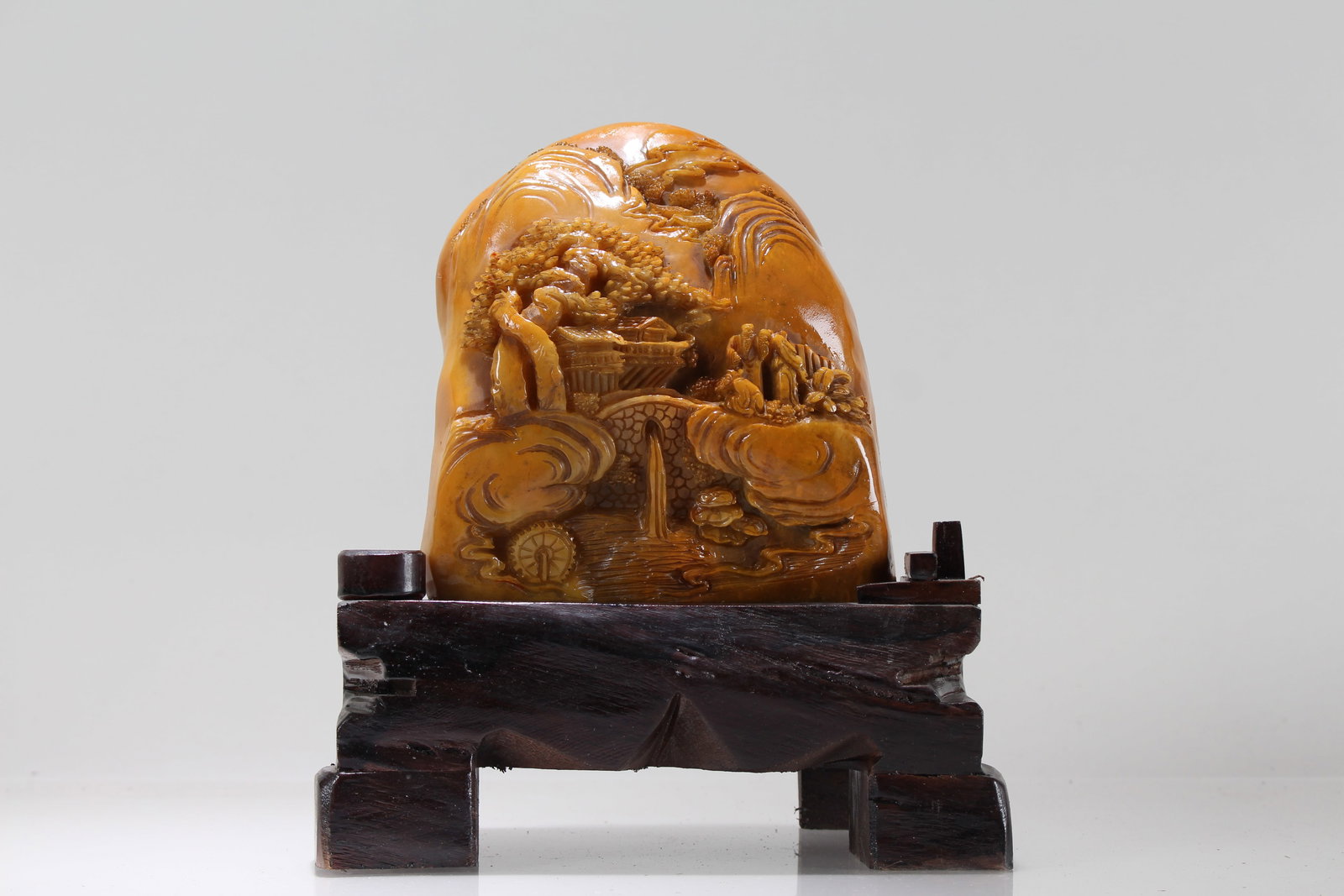 A Chinese Detailed Mountain-view Soapstone Fortune Figure: A Chinese Detailed Mountain-view Soapstone Fortune Figure. Height: 9.5 (inch). Length: 7.75 (inch). Width: 4 (inch).