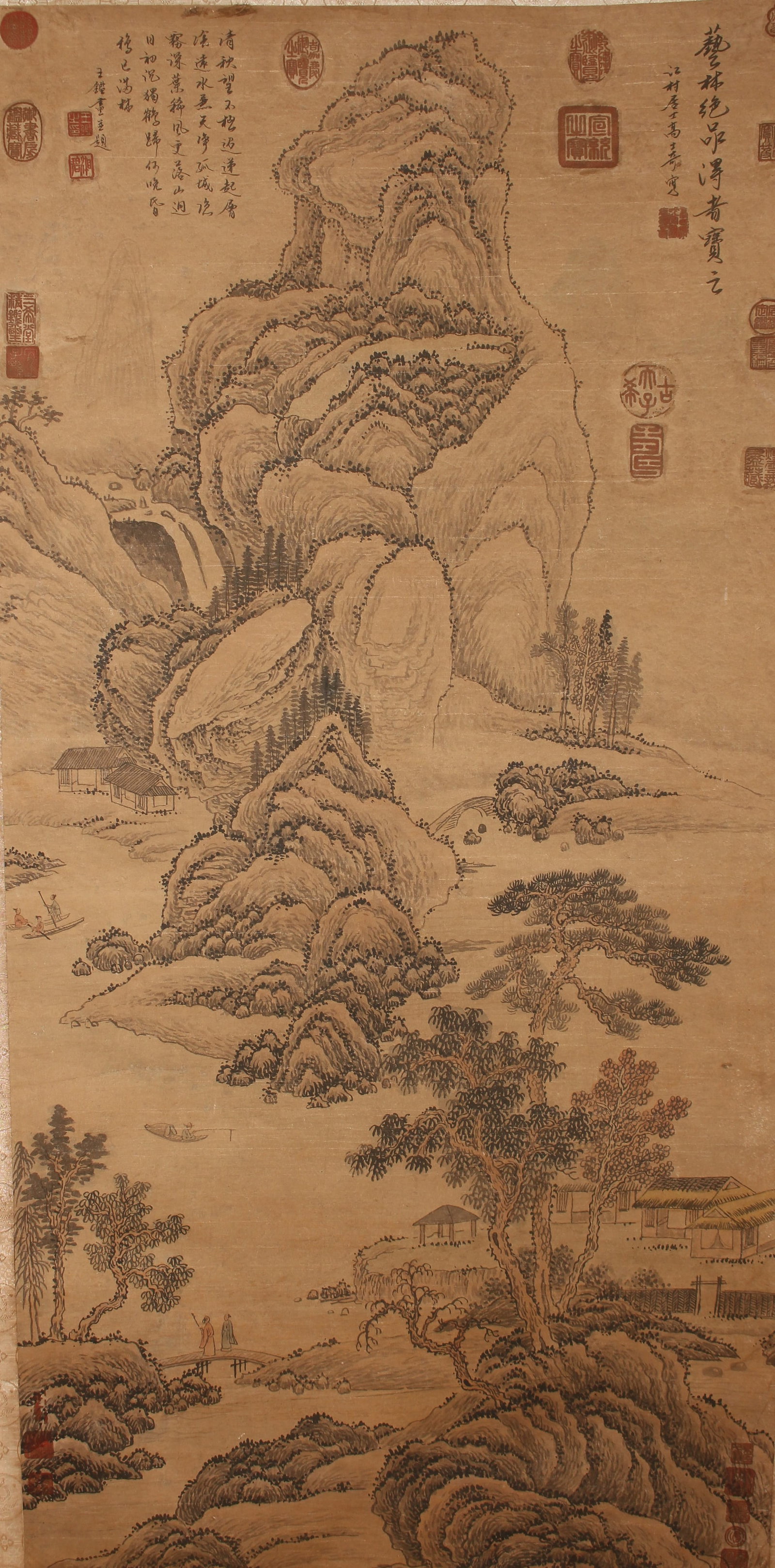 A Chinese Vividly-detailed Mountain-view Poetry-framing Fortune Scroll: A Chinese Vividly-detailed Mountain-view Poetry-framing Fortune Scroll . Length: 50(inch). Width: 25 (inch).