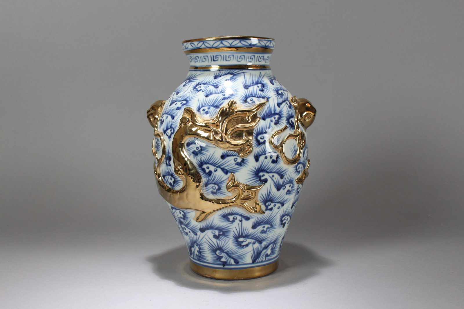 A Chinese Duo-handling Blue and White Gilt Porcelain Fortune Vase: A Chinese Duo-handling Blue and White Gilt Porcelain Fortune Vase. Height: 12 (inch). Length: 7.5 (inch).