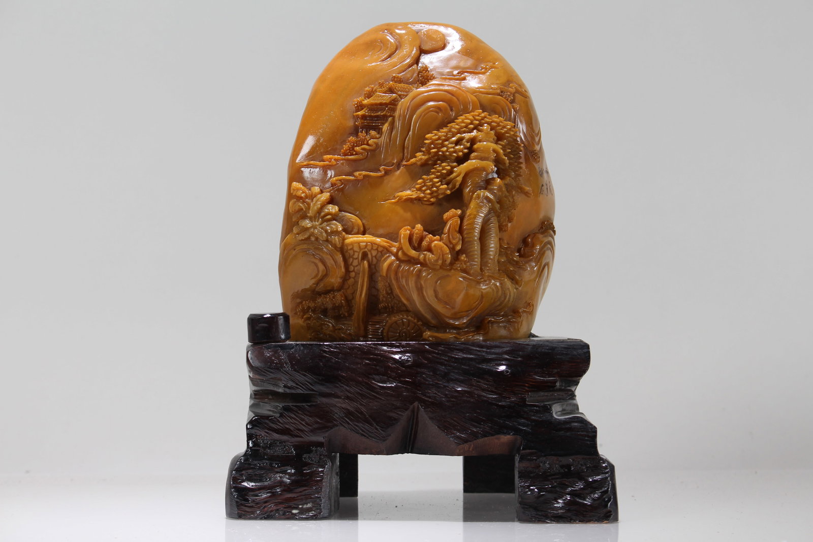 A Chinese Detailed Mountain-view Soapstone Fortune Figure: A Chinese Detailed Mountain-view Soapstone Fortune Figure. Height: 9.5 (inch). Length: 6.5 (inch). Width: 4.5 (inch).